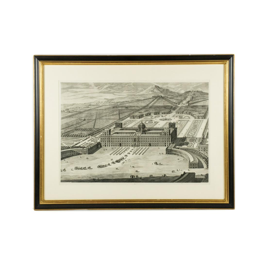 18th C. Italian Engraving After Luigi Vanvitelli: An 18th century antique Italian engraving after architect Luigi Vanvitelli (Italian, 1700-1773) printed by Carlo Nolli (Italian, 1724-1770). This work is titled "La Reggia di Caserta" and depicts an a