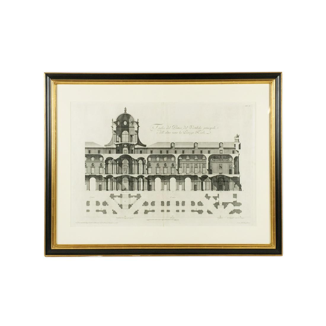 18th C. Italian Engraving After Luigi Vanvitelli: An 18th century antique Italian engraving after architect Luigi Vanvitelli (Italian, 1700-1773) printed by Carlo Nolli (Italian, 1724-1770). This architectural work depicts a frontal view of a palace,