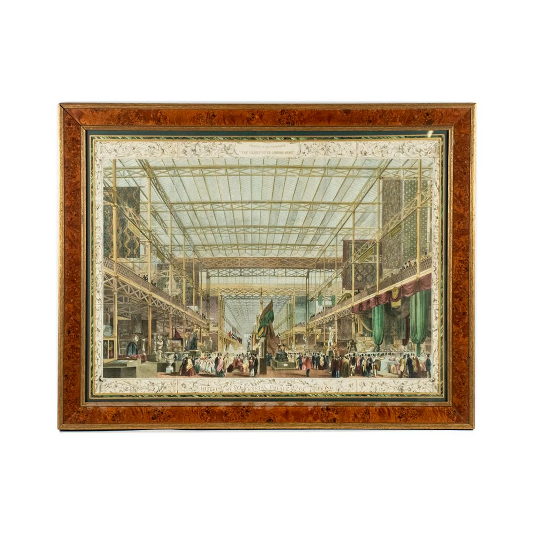 Antique Color Engraving by Illustrated London News: An antique color engraving by the Illustrated London News. This piece is titled "Interior of the Crystal Palace Hyde Park 1851". It is presented in a burlwood frame under multi-colored tiered matting 