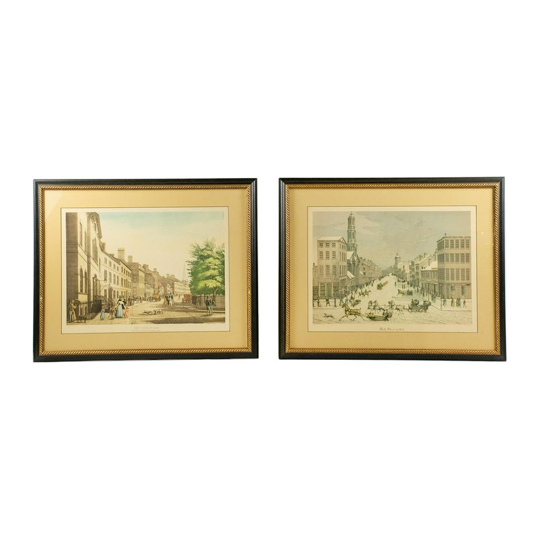 Aquatint Engravings After Raoul Varin: A pair of vintage aquatint engravings after Raoul Varin (French, 1865-1943) printed by Sidney Z. Lucas. One work is titled "Wall Street in 1834" and the other is titled "New York in 1826". Each is pre