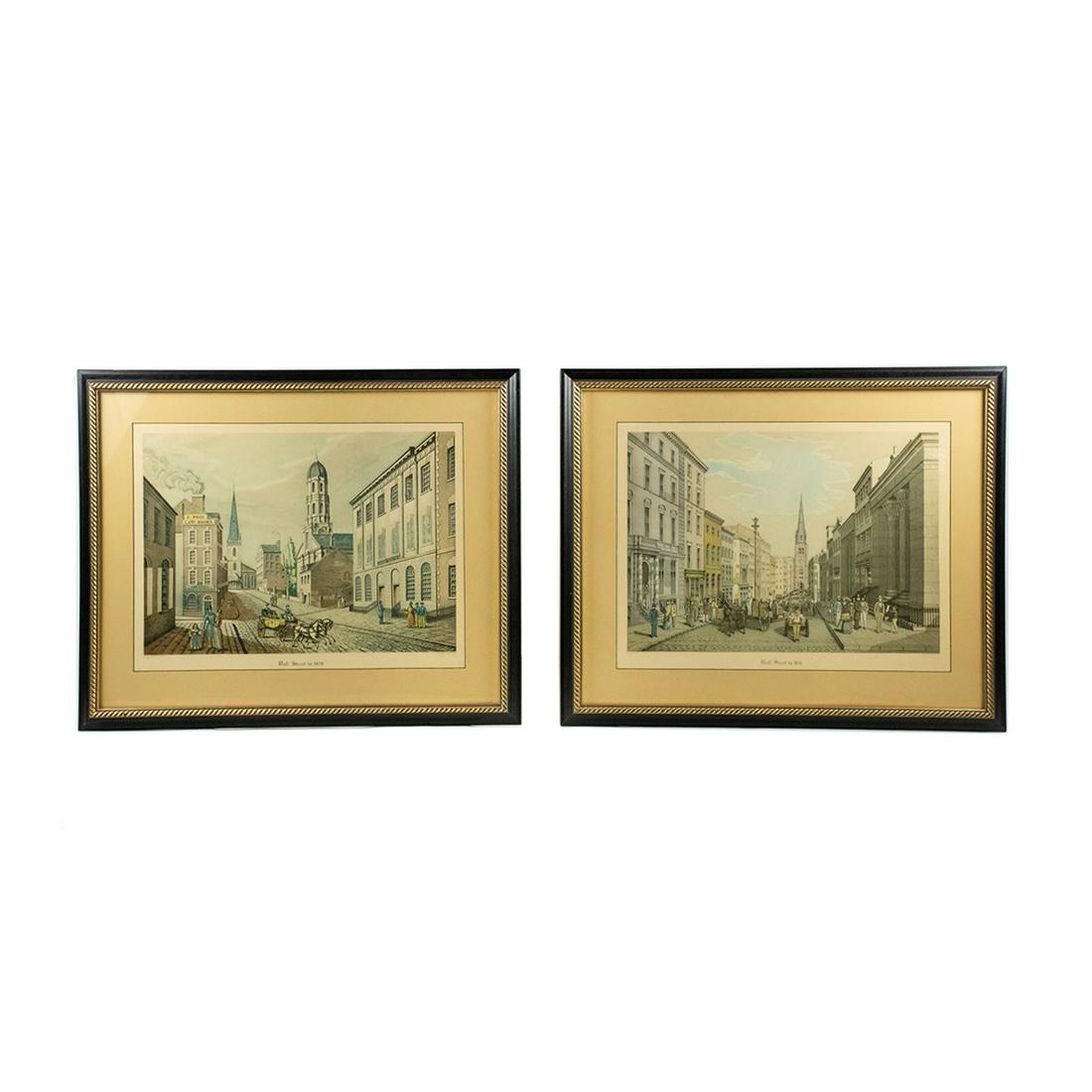 Aquatint Engravings After Raoul Varin: A pair of vintage aquatint engravings after Raoul Varin (French, 1865-1943) printed by Sidney Z. Lucas. One work is titled "Wall Street in 1856" and the other is titled "Wall Street in 1829". Each is 