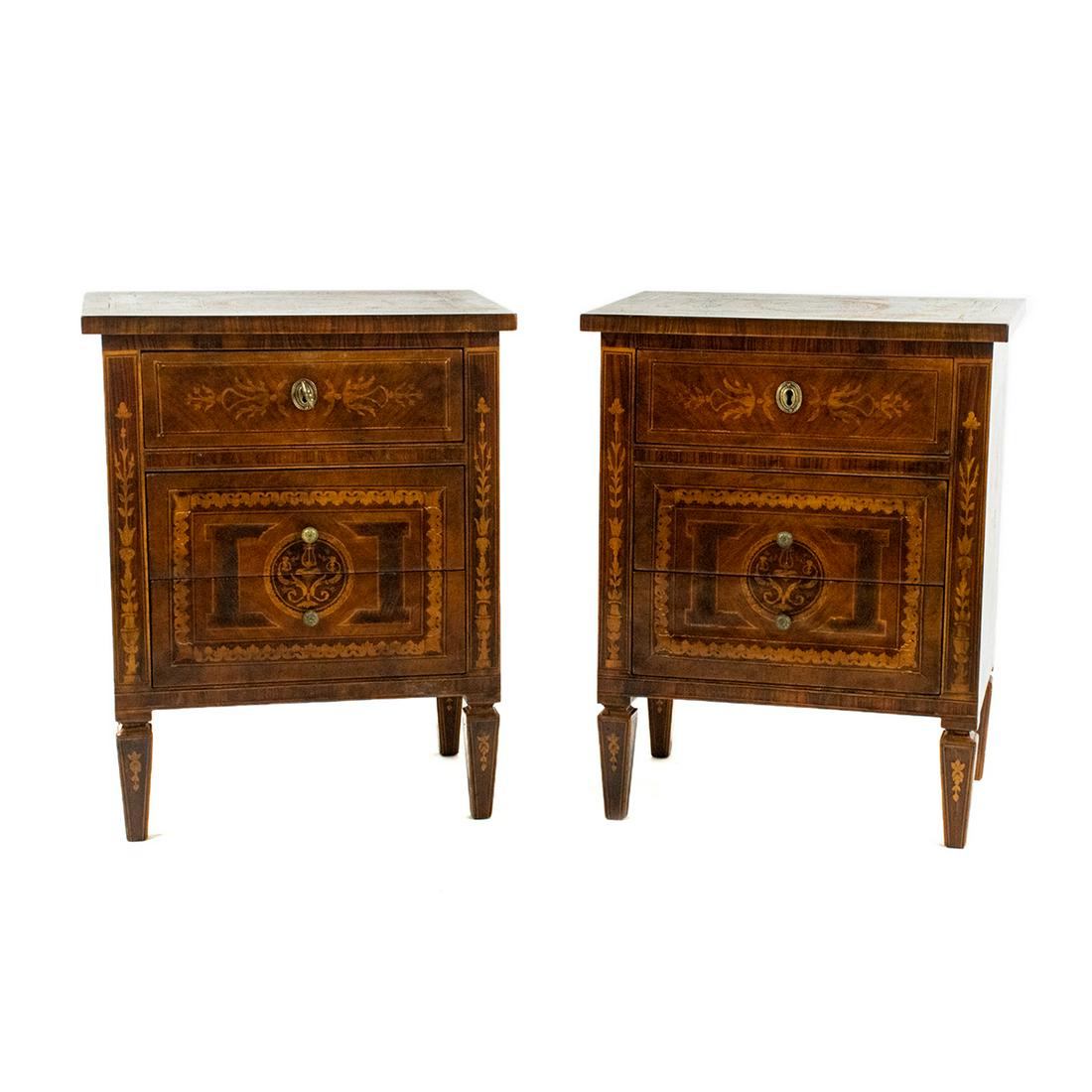 French Style Marquetry Inlay Nightstands - A Pair: A pair of French style wooden nightstands featuring ornate marquetry inlay throughout, brass hardware, and square tapered legs. The top drawer of each has a lock and key, while the lower two do not an