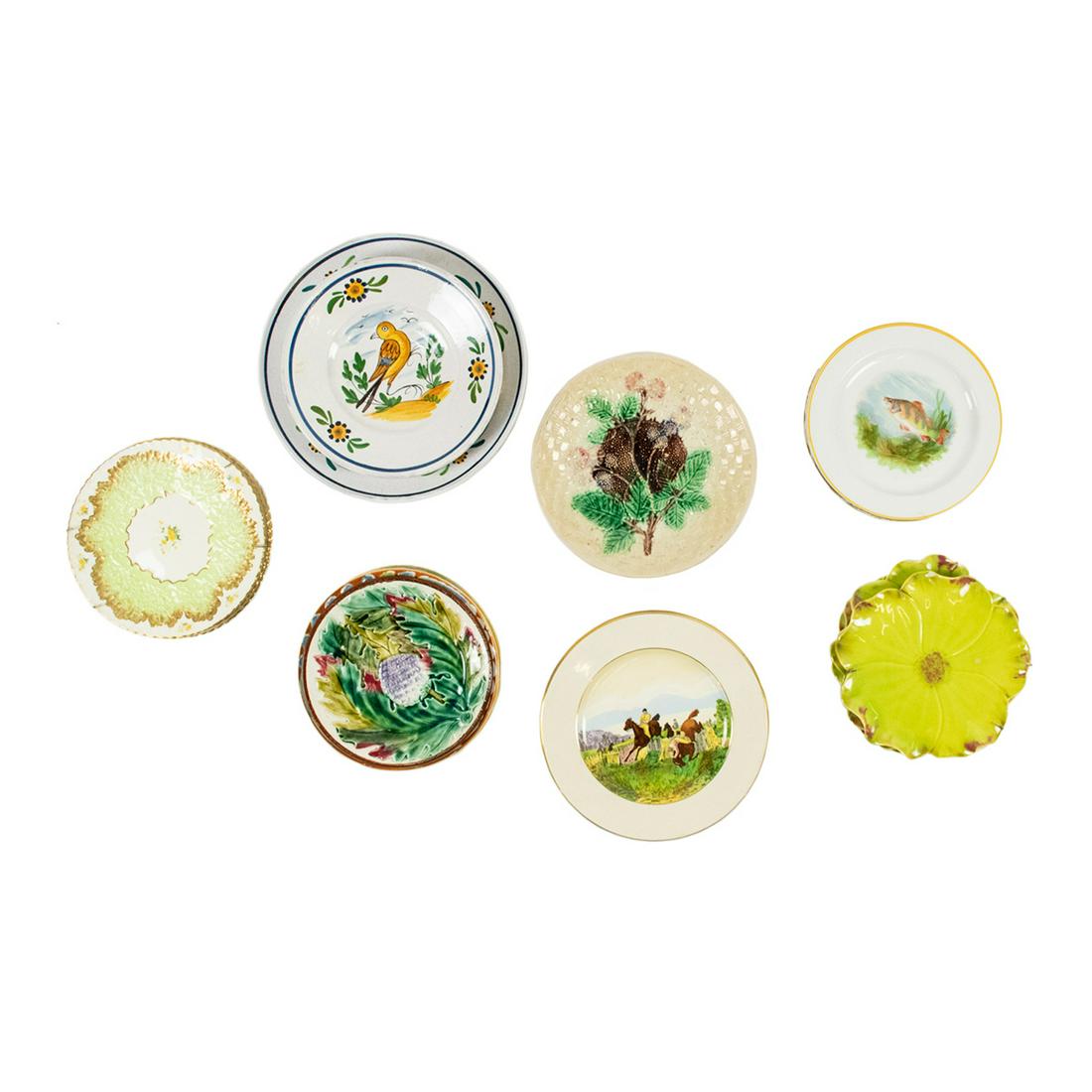 Group of Antique Plates -R. Delinieres Limoges: A group of various antique plates including a group of bird and fish plates by R Delinieres for Limoges and Lawleys Phillips, a set of four hibiscus flower form plates, and various plates by Siamand &