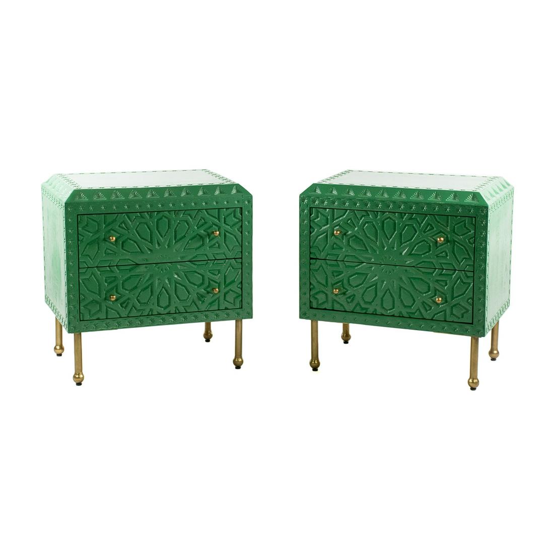 Pair of Modern Moorish Style Green Nightstands: A pair of modern Moorish style green nightstands having green painted wooden bodies with two drawers and two brass pulls on each. Features inset triangular cut out designs and rests atop four brass le
