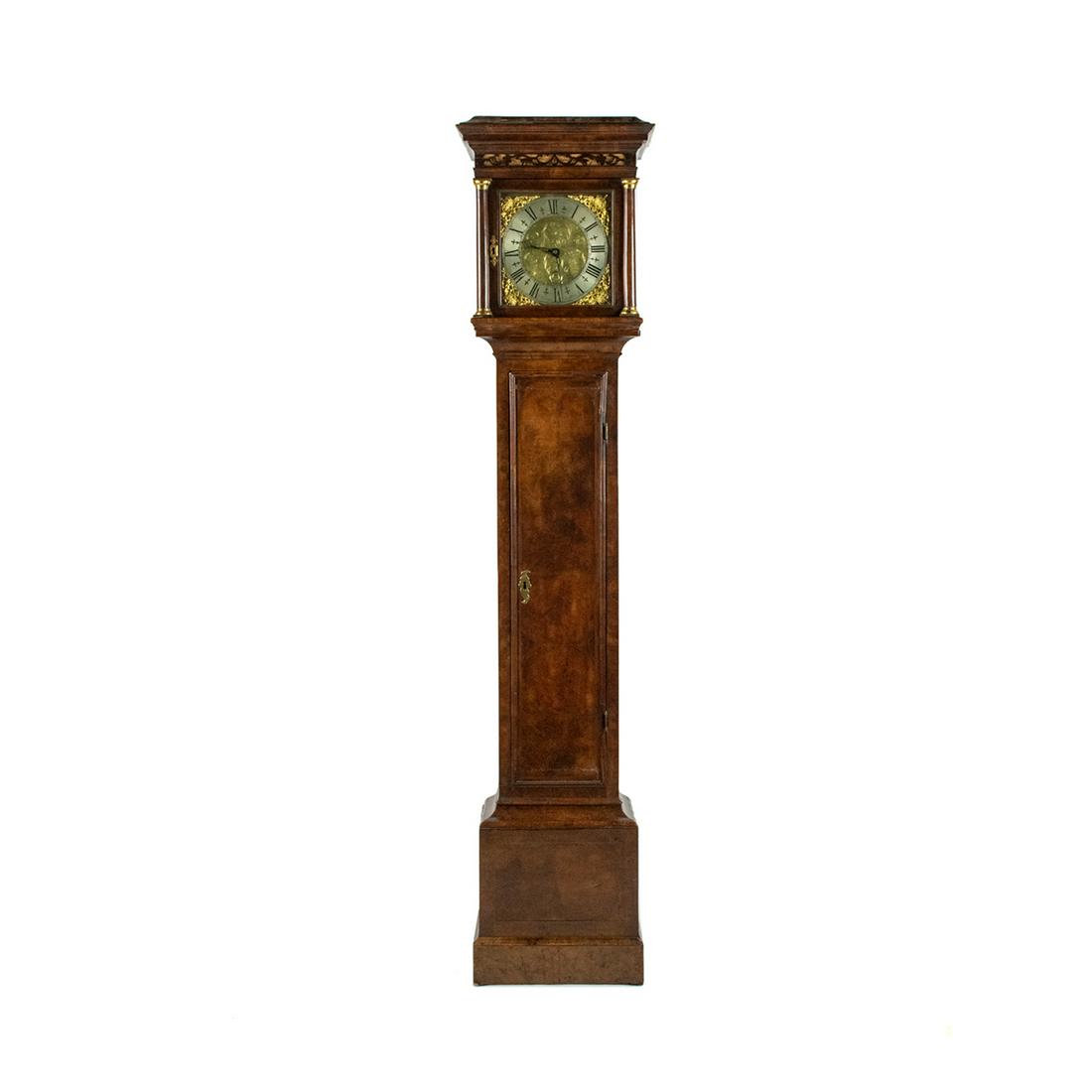 18th Goodyer Guilford Long Case Clock: An 18th Century Long Case Clock with movement made marked La Goodyer Guilford possibly Sam Goodyer Guilford in Regency burlwood case with bronze foliate dial surround. Clock does not have weights. Inc