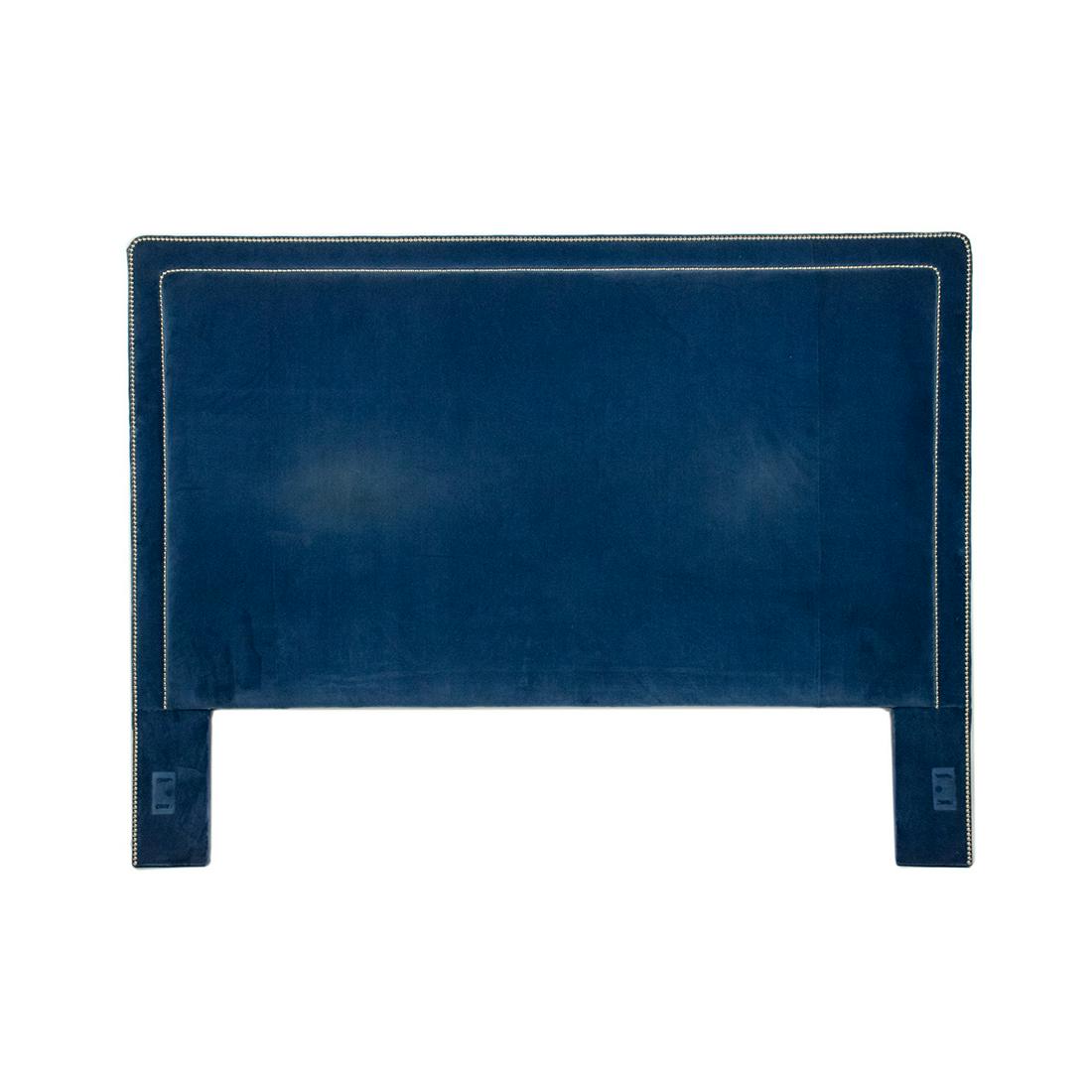 Royal Blue Velvet Silver Nailhead King Headboard: A contemporary royal blue velvet silver nailhead trimmed King size headboard upholstered by Fortner Upholstery Inc., Ohio.