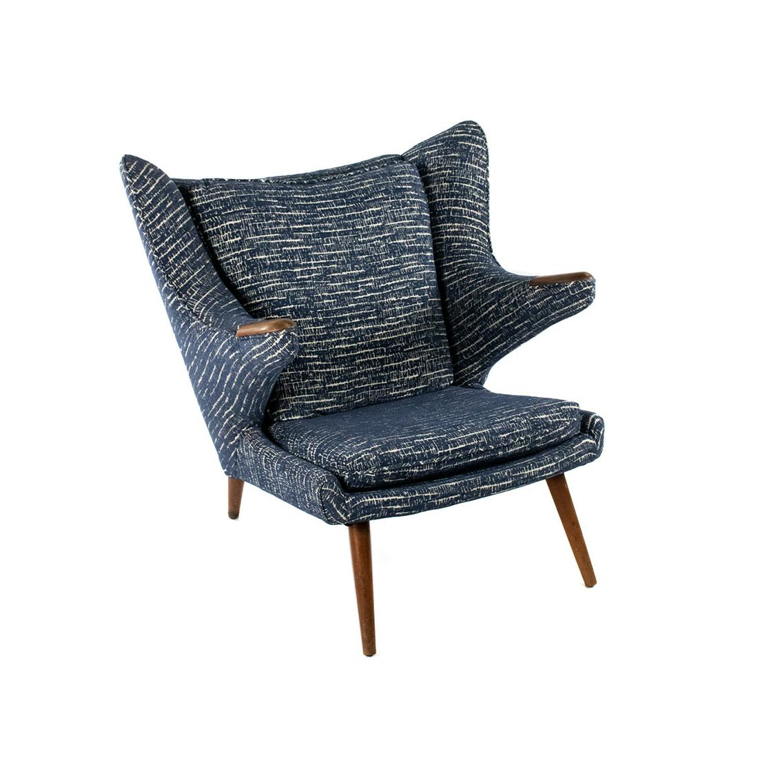 Hans Wegner Mid-Century Modern Papa Bear Chair: A Hans Wegner Papa Bear Chair reupholstered in Knoll Woodland Blue Spruce upholstery with new Pirelli rubber webbing.