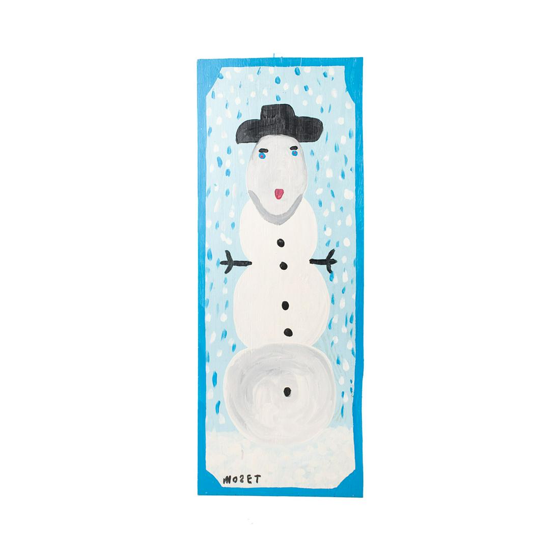 Mose Tolliver Folk Art Signed Snowman on Board Painting: Mose Tolliver (American, 1925-2006) signed Folk Art snowman painting on board. Signed in lower left corner.