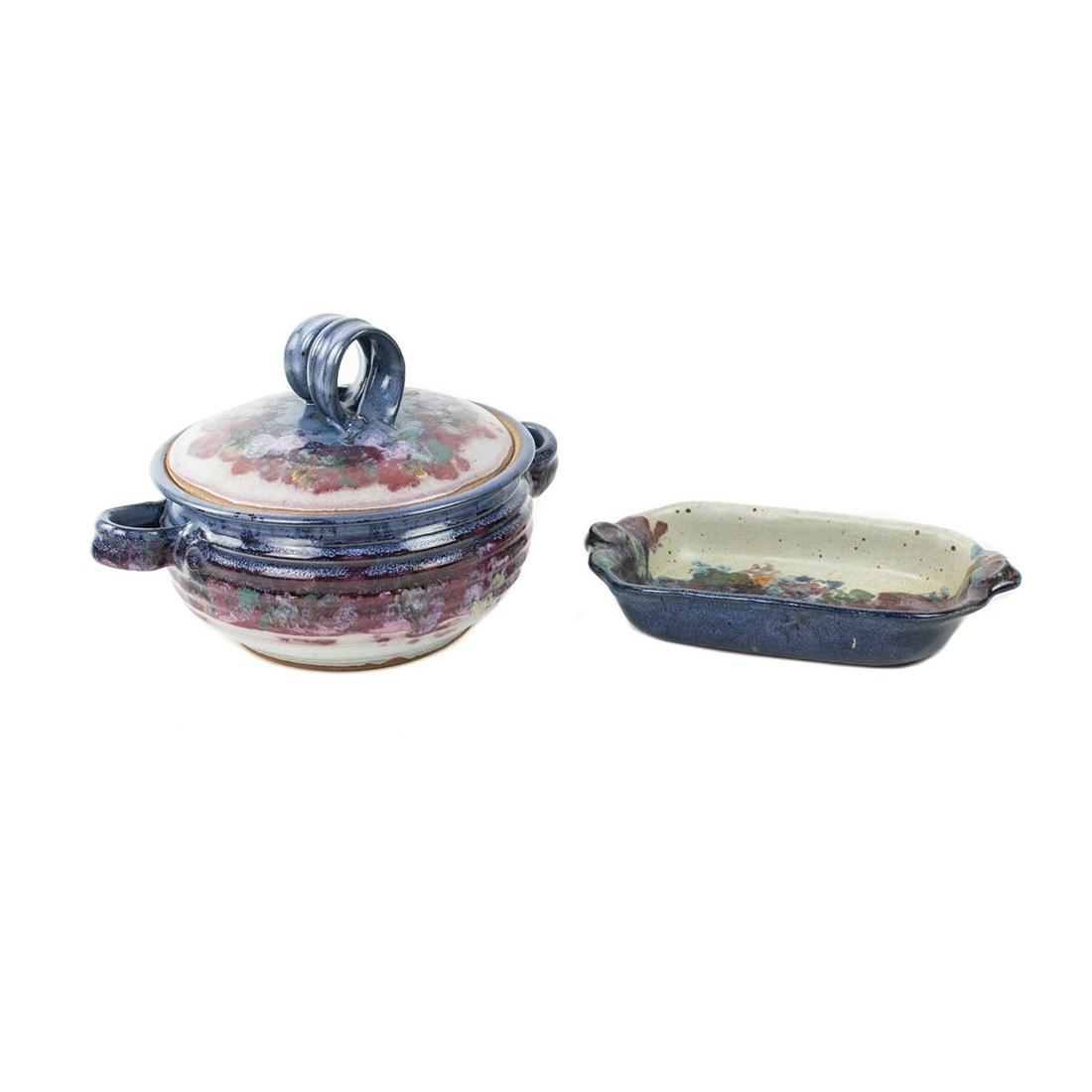 Chamberlain Stoneware Art Pottery Serveware: A grouping of two vintage stoneware art pottery serveware pieces by Chamberlain. This lot includes a lidded dish and a tray, each of which featuring an abstract multi-colored glaze throughout. The tra