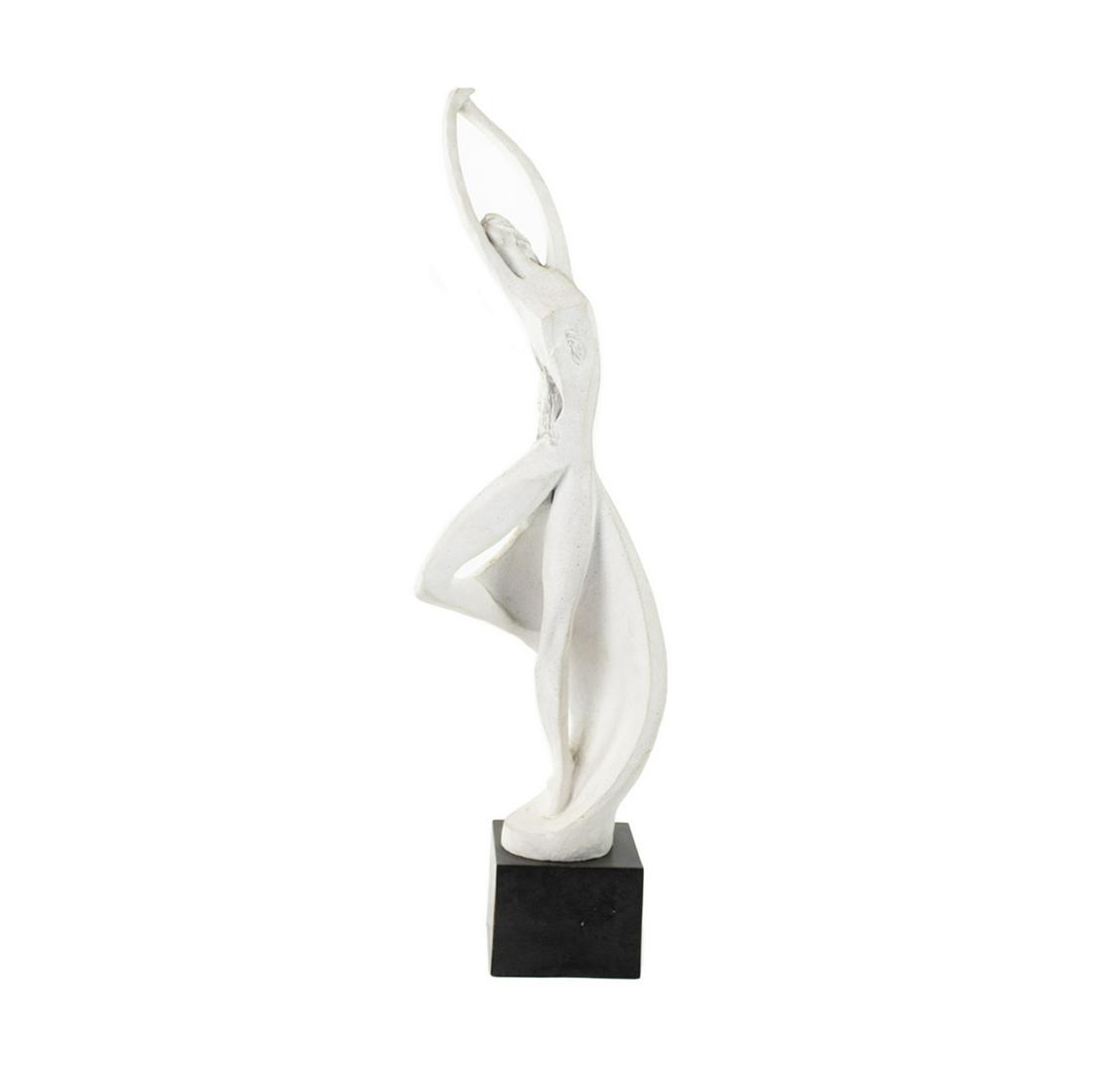David Fisher Plaster Sculpture for Austin Prod. Inc.: A vintage plaster sculpture titled "The Dancer" by David Fischer for Austin Prod. Inc. circa 1980. This work depicts a stylized female dancer, which rests atop a black composite base. It is marked "Au