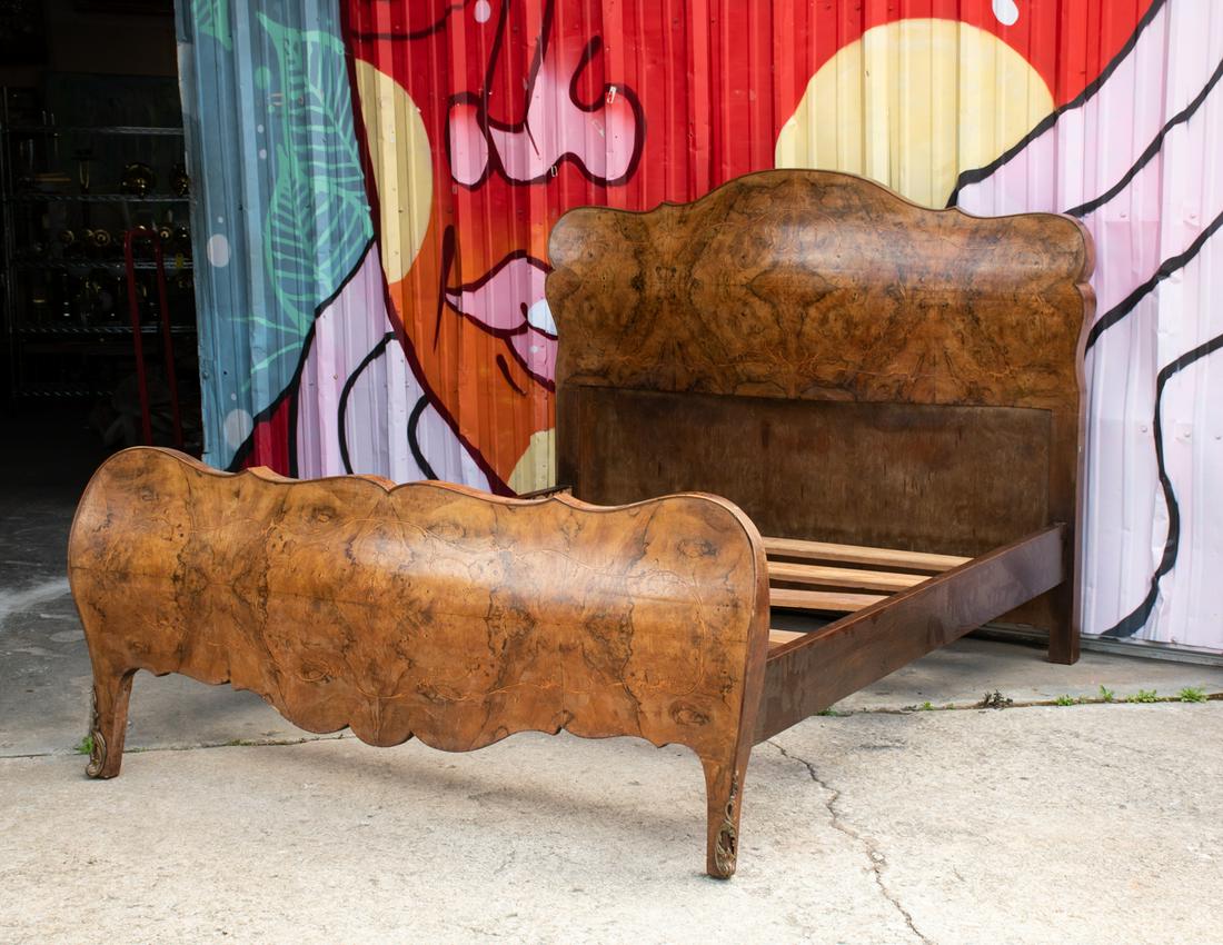 Italian Burlwood Bombe Queen Bed Frame: Italian burlwood bombe Queen bed frame having bookmatched and spalted burl designs with ormolu mounted feet. Includes headboard, footboard and rails.