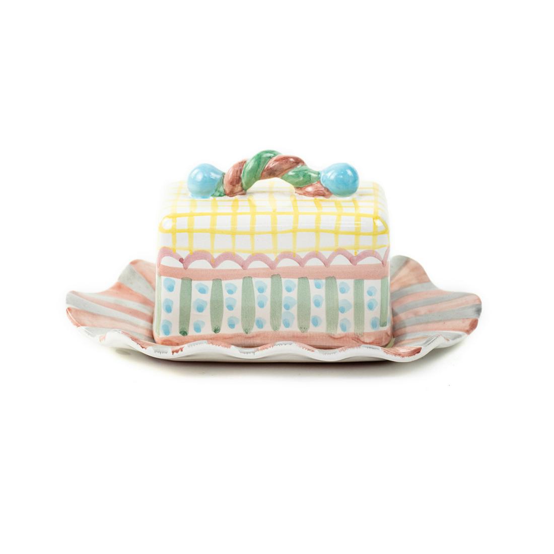 MacKenzie-Childs "Rose Cottage" Butter Dish: A vintage hand-painted terracotta pottery covered butter dish by MacKenzie-Childs circa 1996. This piece is from their "Rose Cottage" line and features playful multi-colored stripe patterns throughout