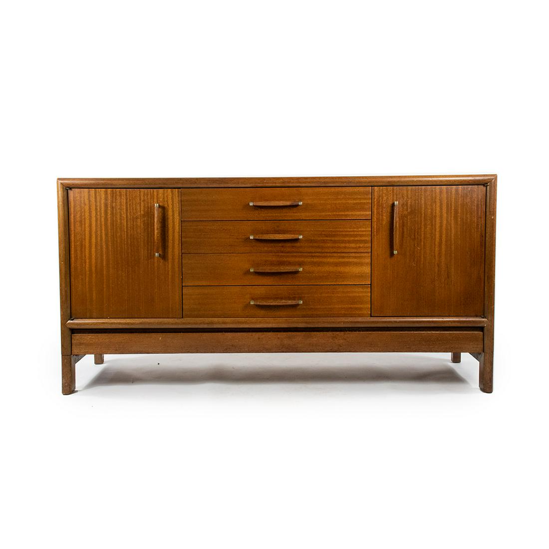 John Keal for Brown Saltman MCM Solid Teak Credenza: A John Keal for Brown Saltman Mid-Century Modern solid teak credenza having two cabinet doors flanking four drawers with teak and metal pulls above a thin lower drawer with drop down door. Some drawer