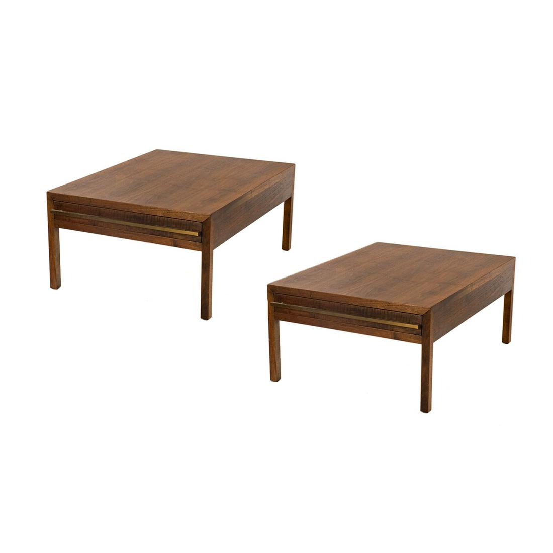 Michael Taylor for Baker 'Elegant' Side Tables - Pair: A pair of Michael Taylor for Baker Furniture 'Elegant' Mid-Century walnut large form rectangular side tables each having a single drawer with brass pull that extends entire length of drawer. Nameplate