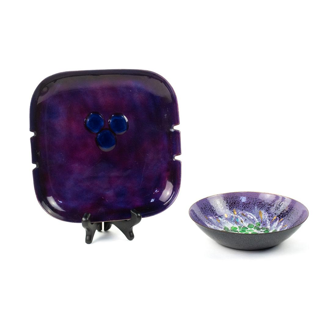 MCM Enameled Copper Pieces Inc. Bovano: A group of two vintage Mid-Century Modern enameled copper pieces including an ashtray handmade by Bovano of Cheshire having a blue spot design over a multi-tonal purple base and is labeled on the unde