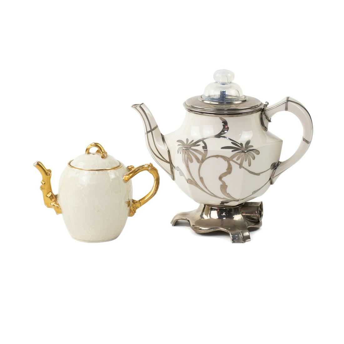 Rochester Electric Percolator and Limoges Teapot: A group including a Rochester Stamping Company electric percolator kettle having a white ceramic body with floral pattern silver overlay and silver mount base with power cord labeled and marked "PAT'D