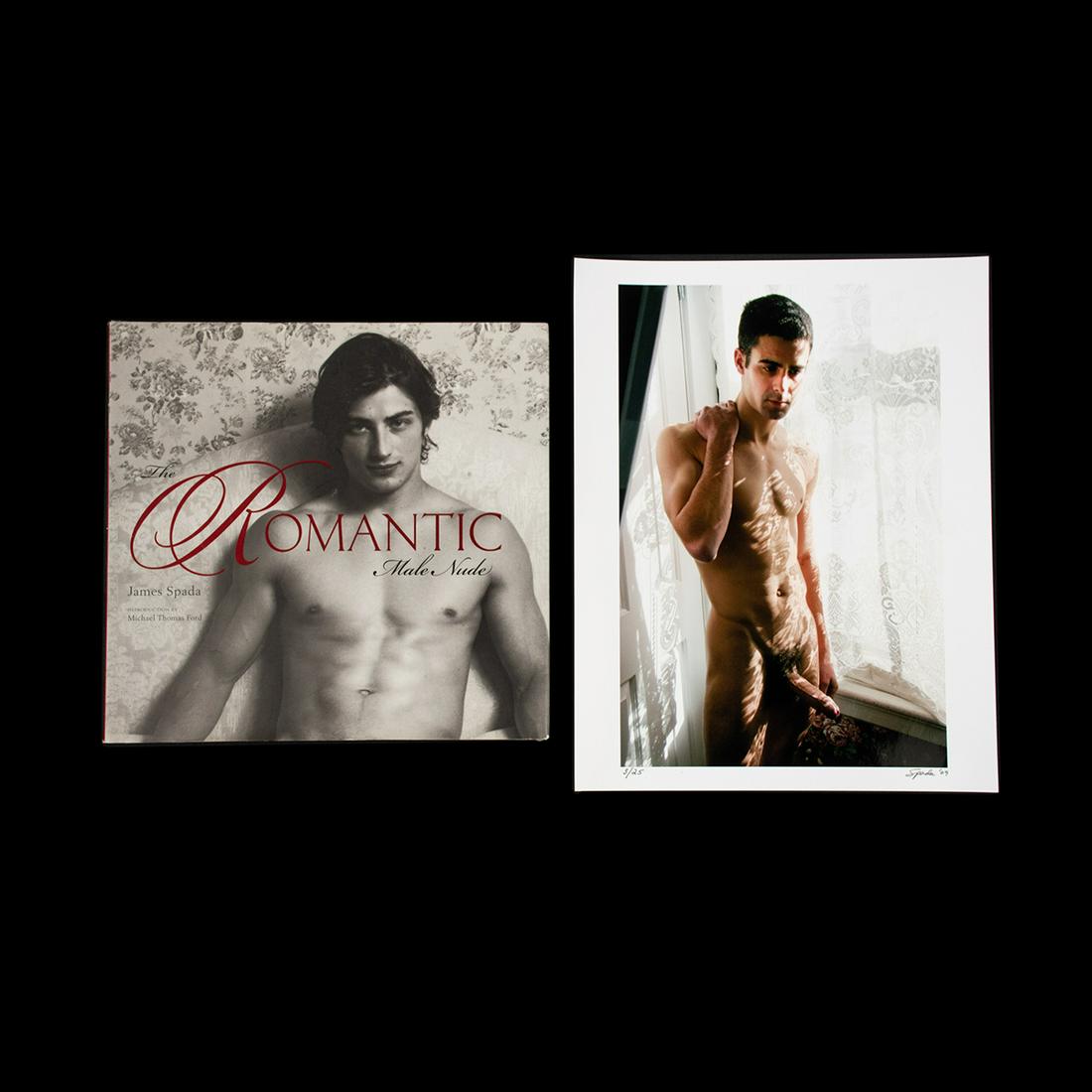 James Spada Signed Color Photograph with Book - 3/25: A limited edition color photograph by James Spada circa 2009 and his book "The Romantic Male Nude". The photograph features a nude male subject standing in front of a window with a white lace curtain.