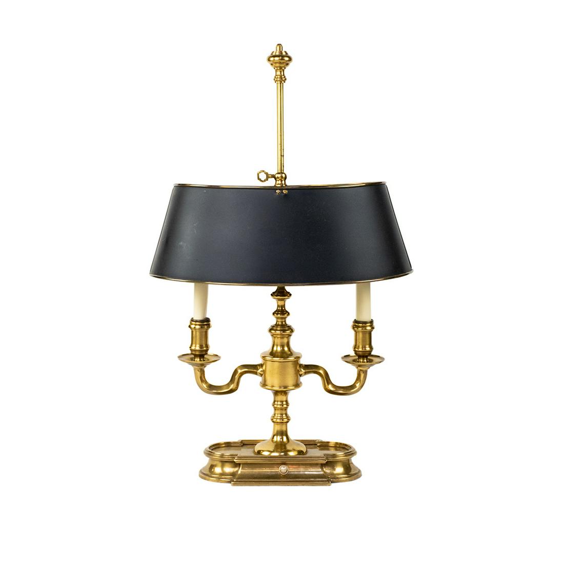 French Bouillotte Lamp with Tole Shade: A heavy brass Bouillotte table lamp with black painted brass tole shade with two lights.