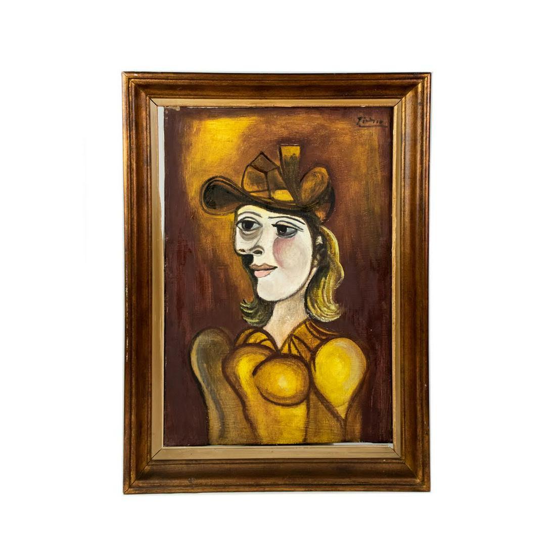 Cubist Female Portrait O/C signed Picasso: A cubist style female oil on canvas portrait signed in top right Picasso in wooden frame.