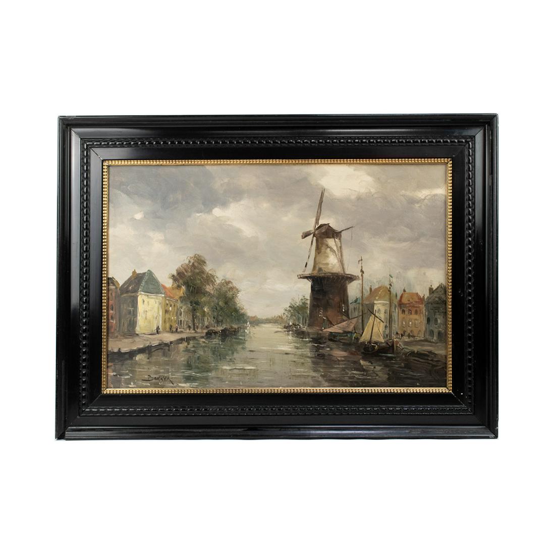 Frans Bakker Signed Oil on Board: An antique oil on board painting by Frans Bakker (Dutch, 1871-1944). This work depicts a bayside village with a large lighthouse and two docked sailboats in the center. It is signed on the lower left 