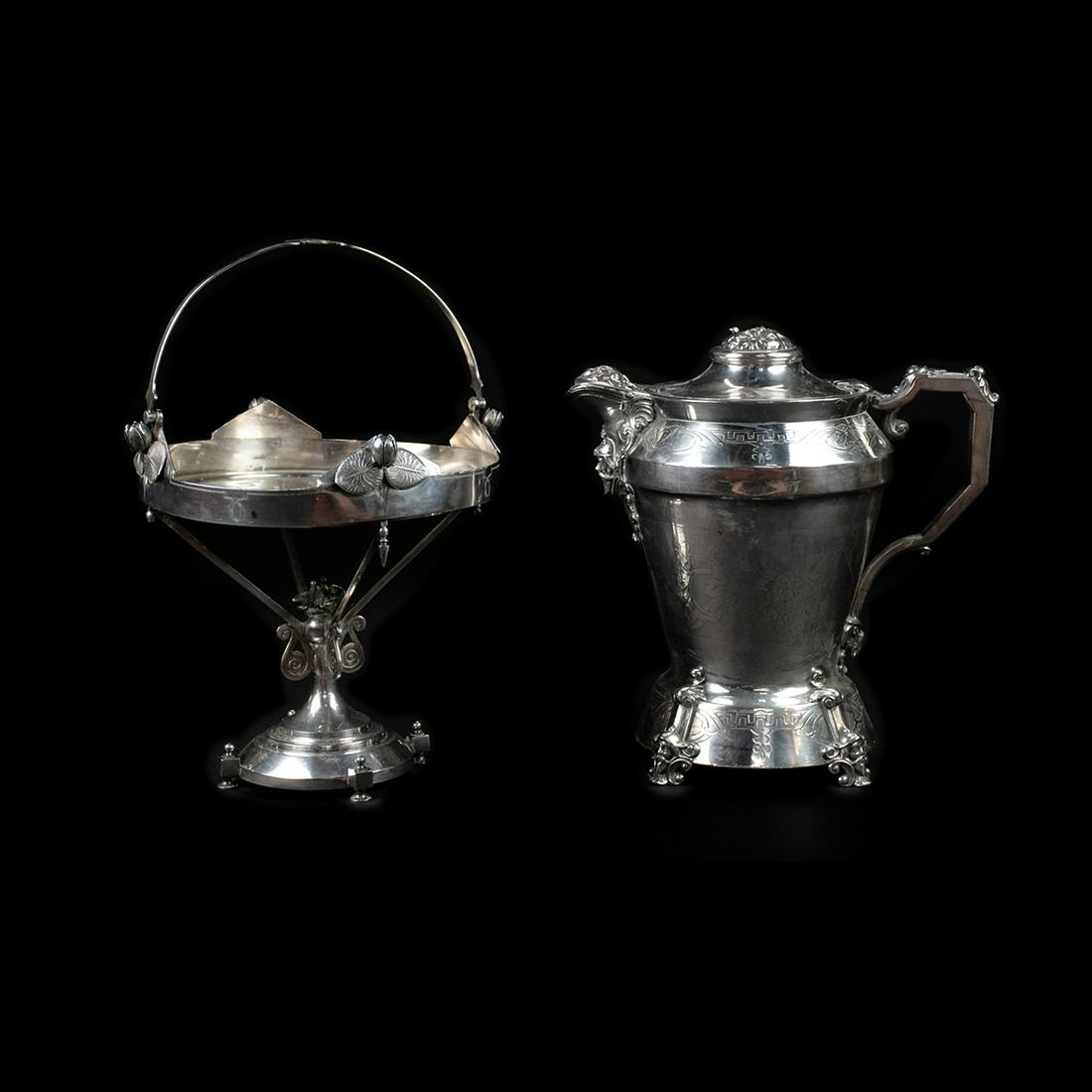 Grouping of Antique Silver-Plated Serveware: A grouping of two antique silver-plated serveware pieces. This lot includes a basket by Meriden Britannia marked "Meriden B. Company 1730" and an ice water pitcher by Lippiatt Silver Company marked "2