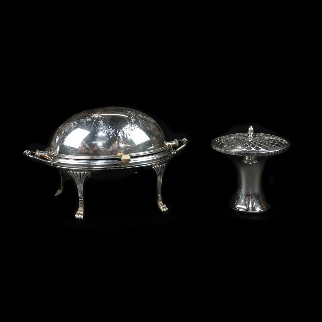 Grouping of Antique Silver-Plated Serveware: A grouping of two antique silver-plated serveware pieces. This lot includes a chafing dish by Cross Arrows marked "Ra 413133 Cross Arrows Hand Soldered A1 17587" and a pedestal dish with a pierced lid