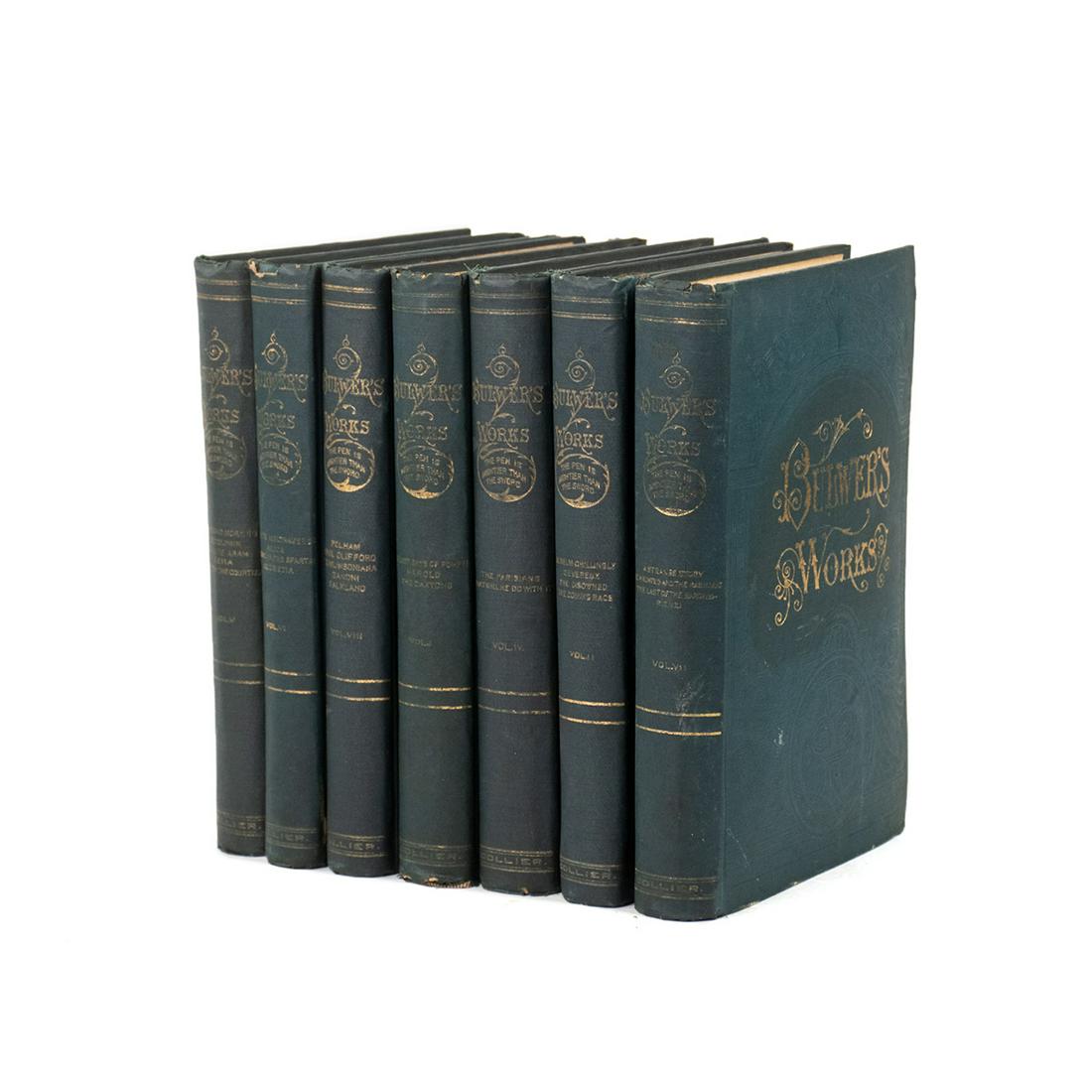 Set of 7 Bulwer's Works Hardcover Green Leather Books: A seven volume set of green leather 'Bulwer's Works: The Pen is Mightier than the Sword' by Edward Bulwer-Lytton including volumes I, II, IV, V, VI, VII, VIII.