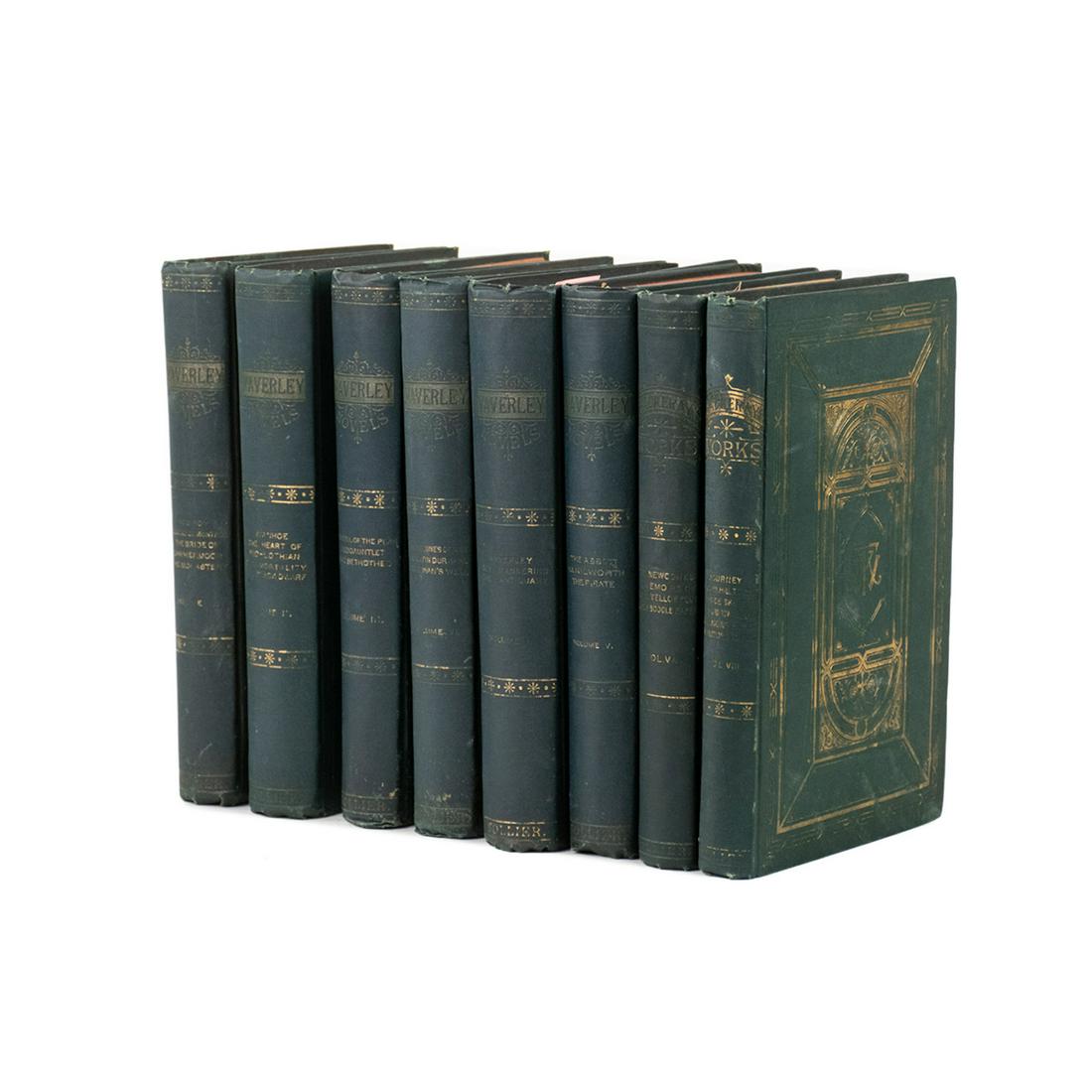 Group of 8 Waverley Novels and Thackeray Works: A grouping of eight vintage hardcover books published by P.F. Collier. This lot includes 6 books from "Waverly Novels" by Sir Walter Scott and two books from "Thackeray Works" by William Thackeray.