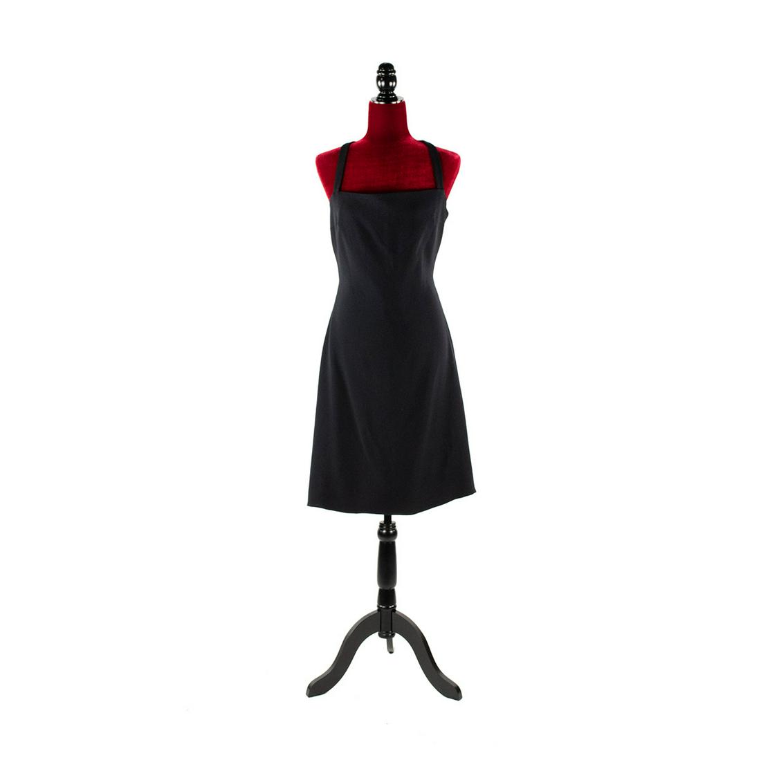 Vintage Giorgio Armani Black Cross Back Dress: Vintage Giorgio Armani black cross back dress having V shaped cross back design and button attachment. Made in Italy, Size 42. Neiman Marcus tag attached.Measurements:Marked Size 832" Bust28" Waist34"