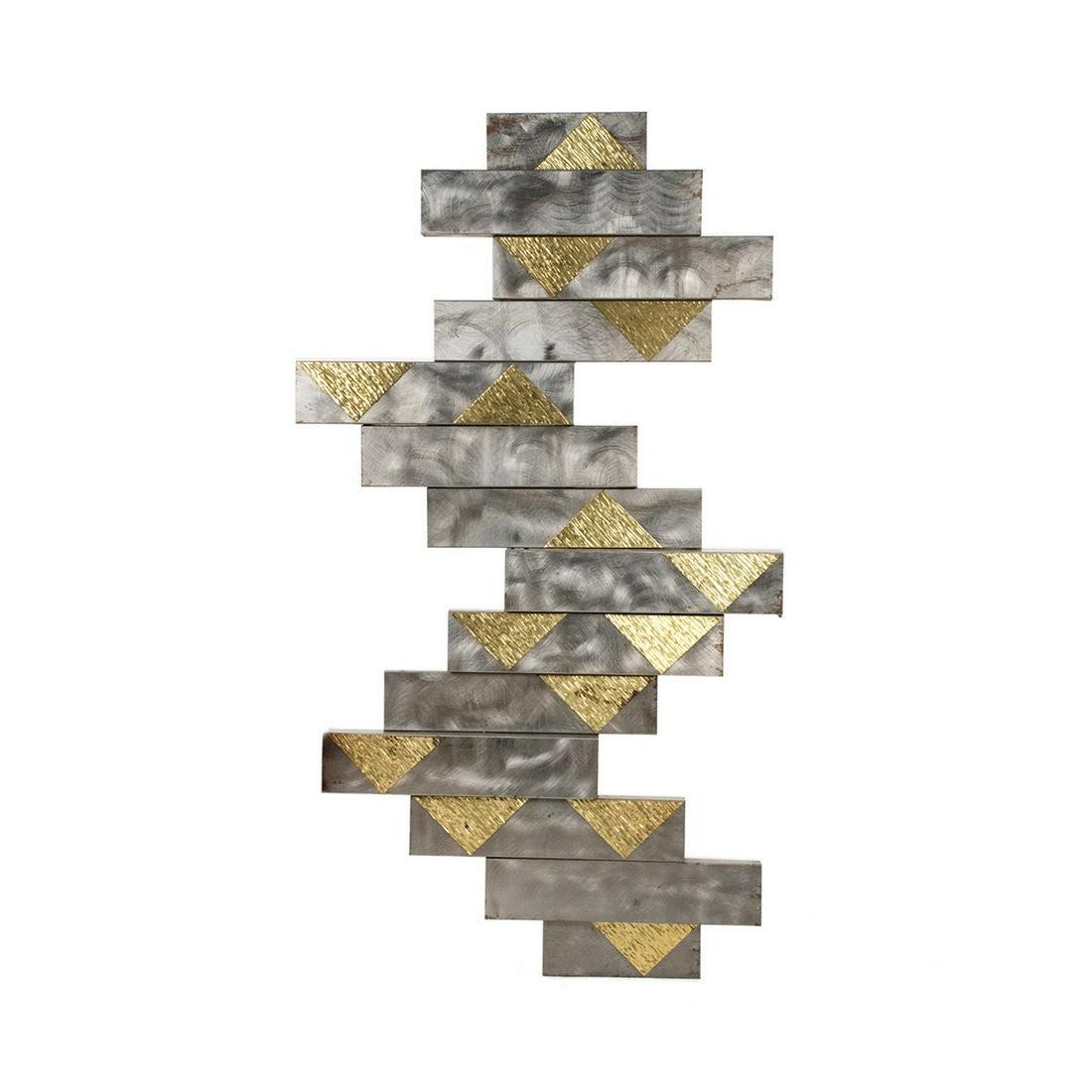 Brutalist Geometric Metal & Brass Wall Decor: A mid century Brutalist geometric metal and brass wall hanging having staggered geometric patterns in brushed silver sheet metal and brass triangular shapes. Unmarked.