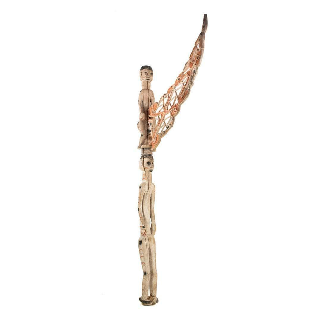 Papua New Guinea Asmat Bisj Pole: Papua New Guinea Asmat Bisj Pole (20th Century) mangrove carved wood, kaolin, red ochres pigment depicting human figures one atop the other having long phallic structure meant to invoke fear and invok