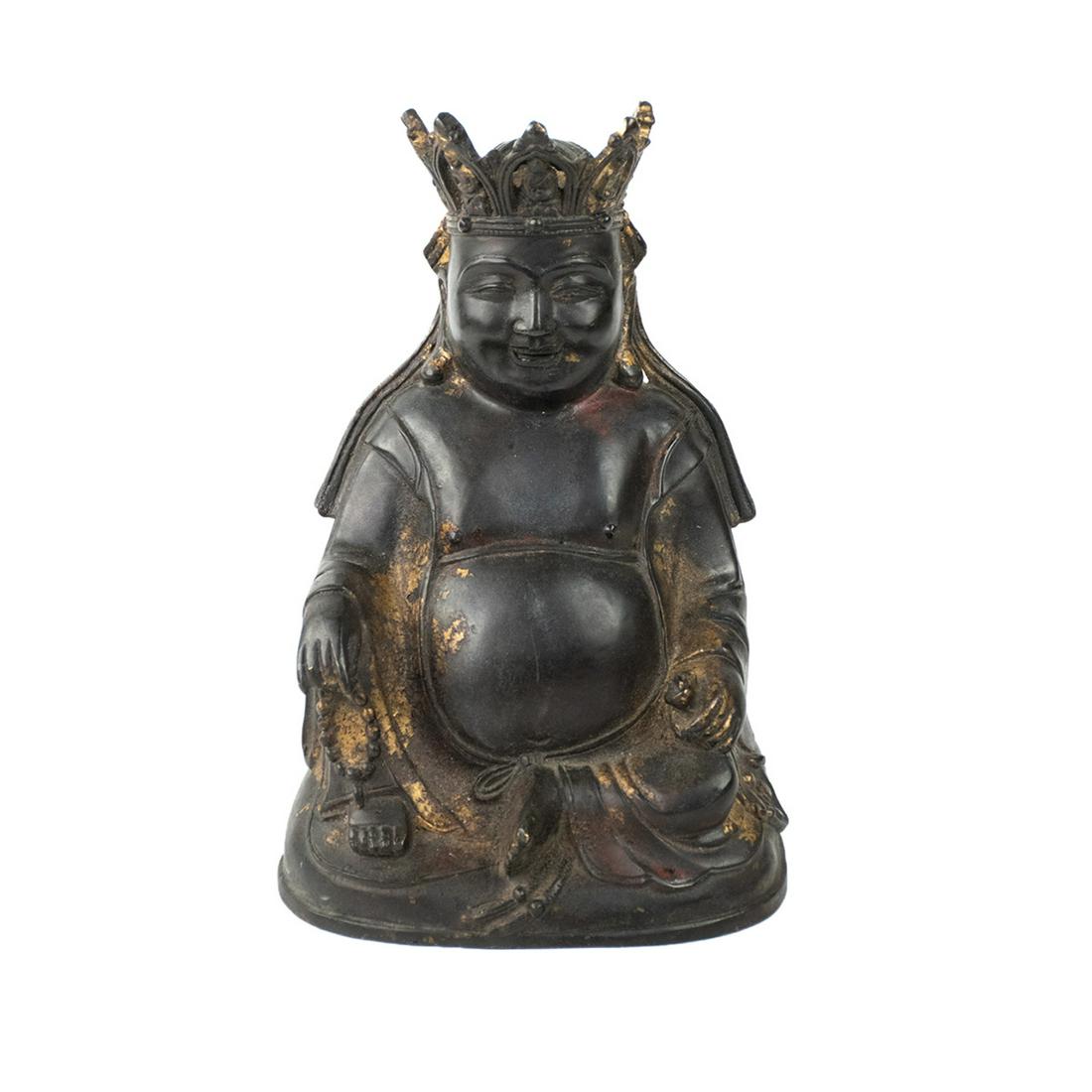 Chinese Ming Bronze Buddha Imperial Crown Statue: A Chinese Ming Dynasty gilt bronze Maitreya Buddha statue wearing the imperial crown. Unmarked.