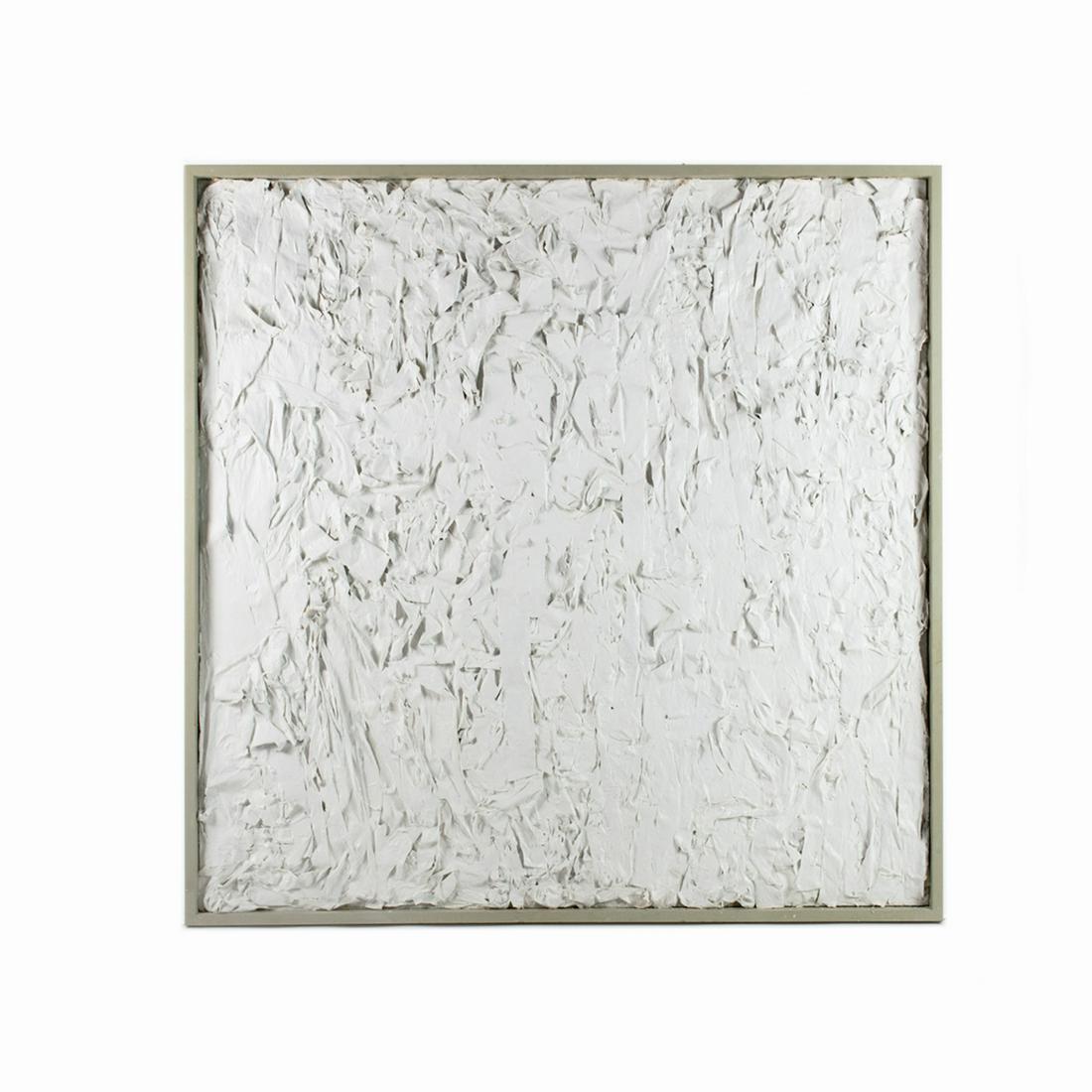 Dario Polenci Signed Mixed Media Artwork: A mixed media paper mache artwork by Dario Polenci. This work showcases several layers of textural paper painted stark white and arranged in an abstract manner. It is signed and dated July 2, 2016 on 