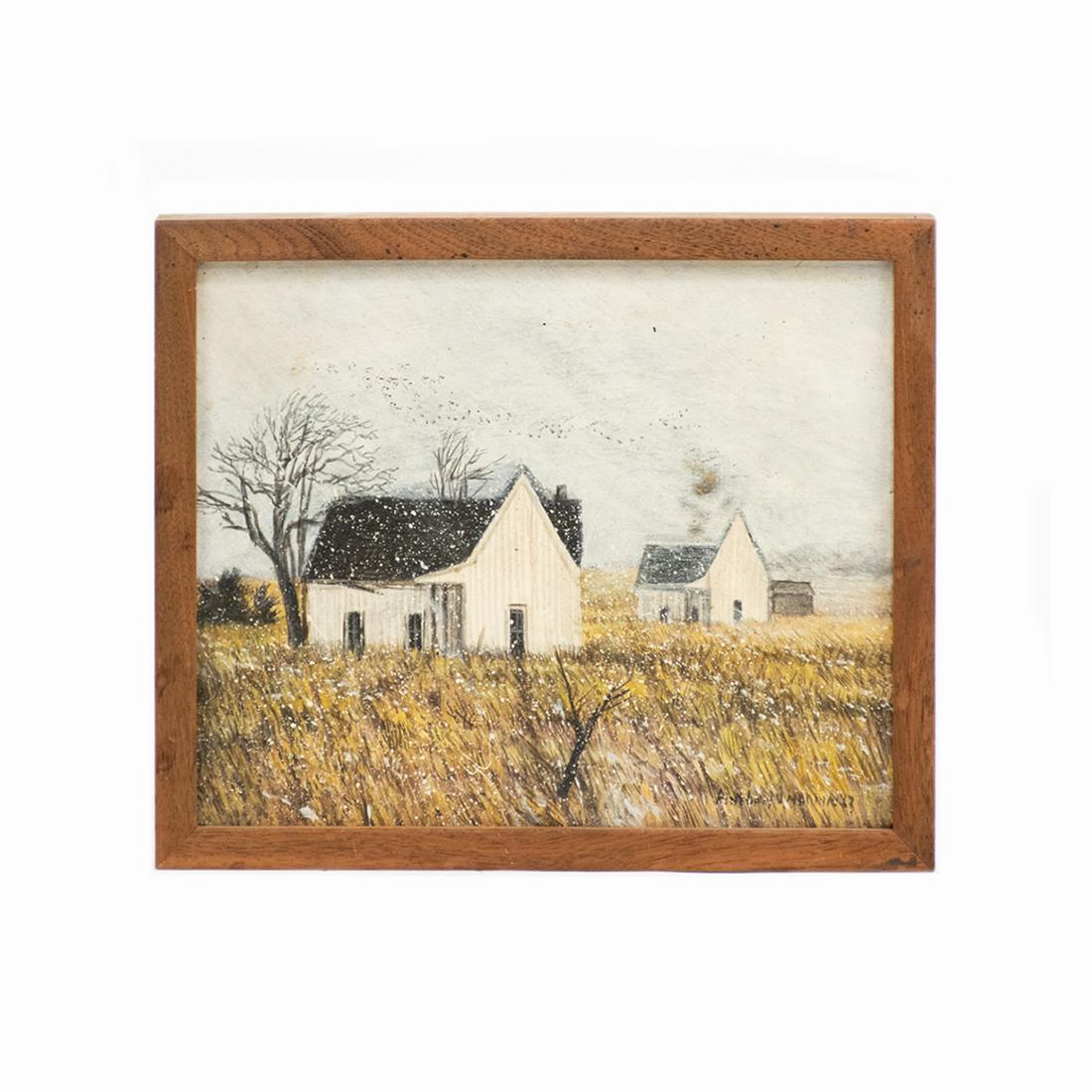 Anthony Martin Signed Acrylic on Board c. 1967: A vintage acrylic on board painting by Anthony Martin (American, b. 1941) titled "Study to Two White Houses" circa 1967. This work depicts two farm houses with snow falling from the sky. It is signed 