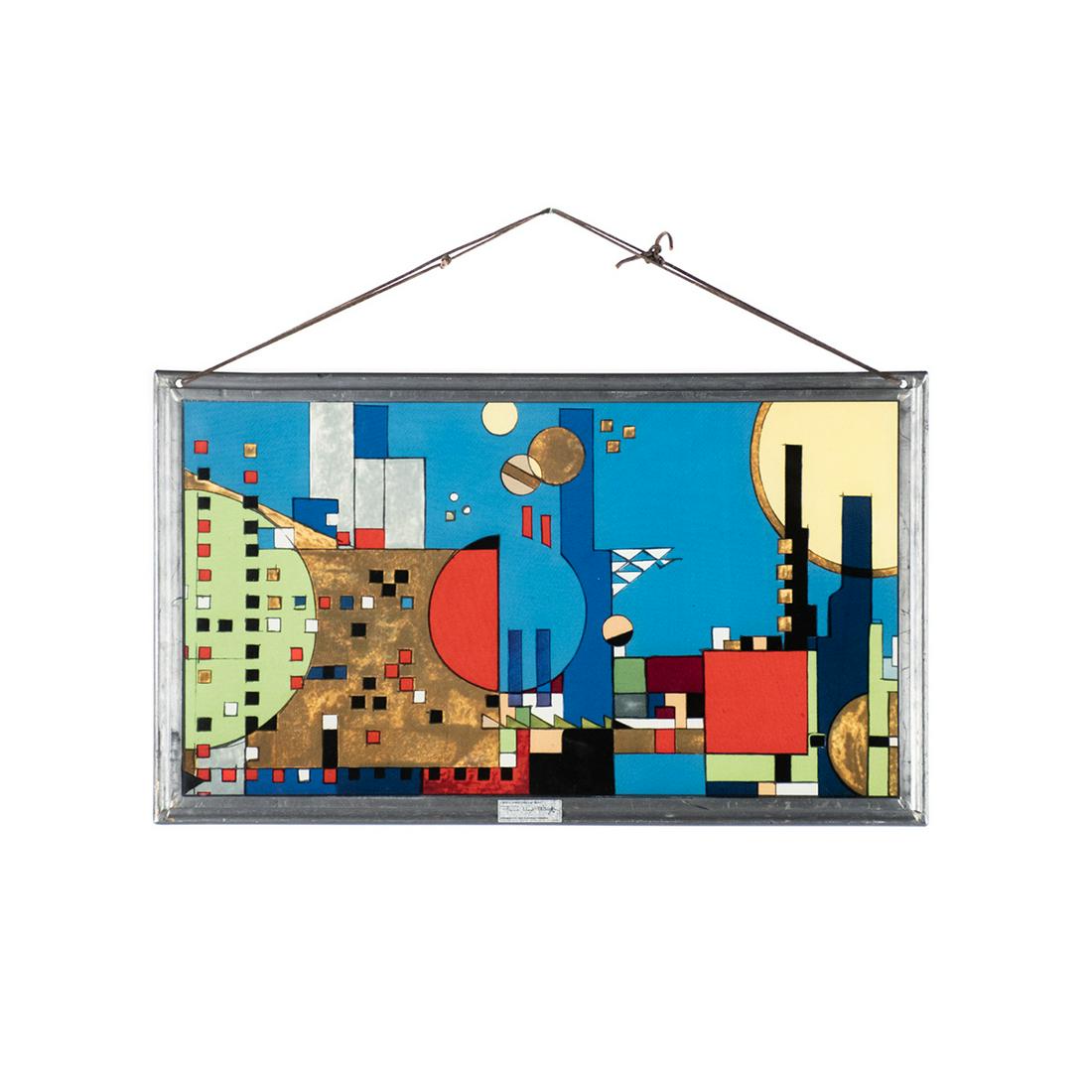 Frank Lloyd Wright Collection Window Hanging: A vintage Frank Lloyd Wright Collection Arts and Crafts stained glass window hanging. This piece features a multi-colored geometric patterns throughout. It has silver-tone metal frame, which is labele