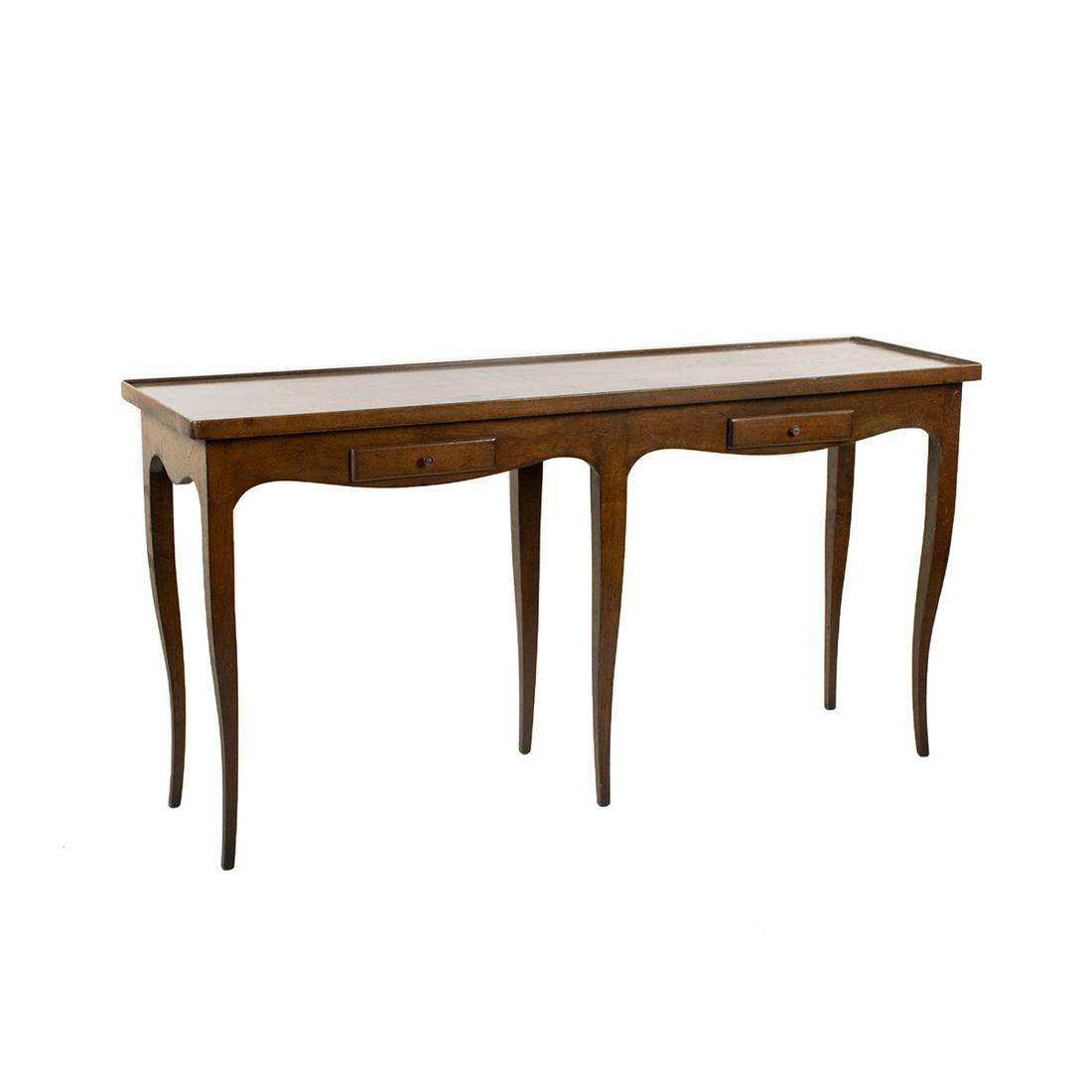 Bodart French Provincial Style Hall Table: A vintage French Provincial style wooden hall or console table by Bodart having an inlaid diamond pattern table top, two small drawers, and six cabriole legs. It is branded on the interior of the left