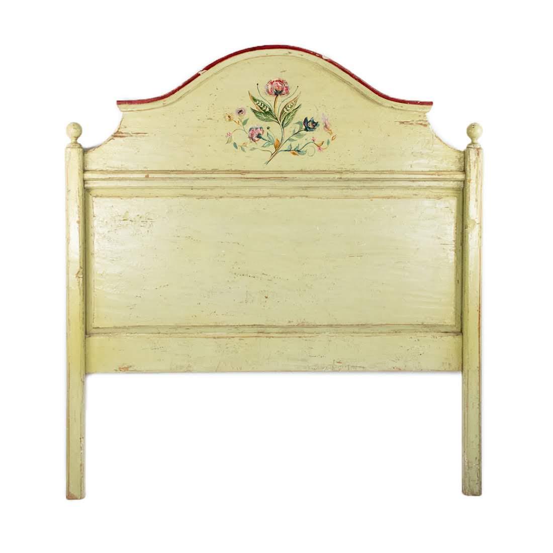 French Provincial Hand Painted Queen Headboard: A French Provincial Queen size hand painted Portman style headboard having painted country floral bouquet and painted accents with knob form posts.