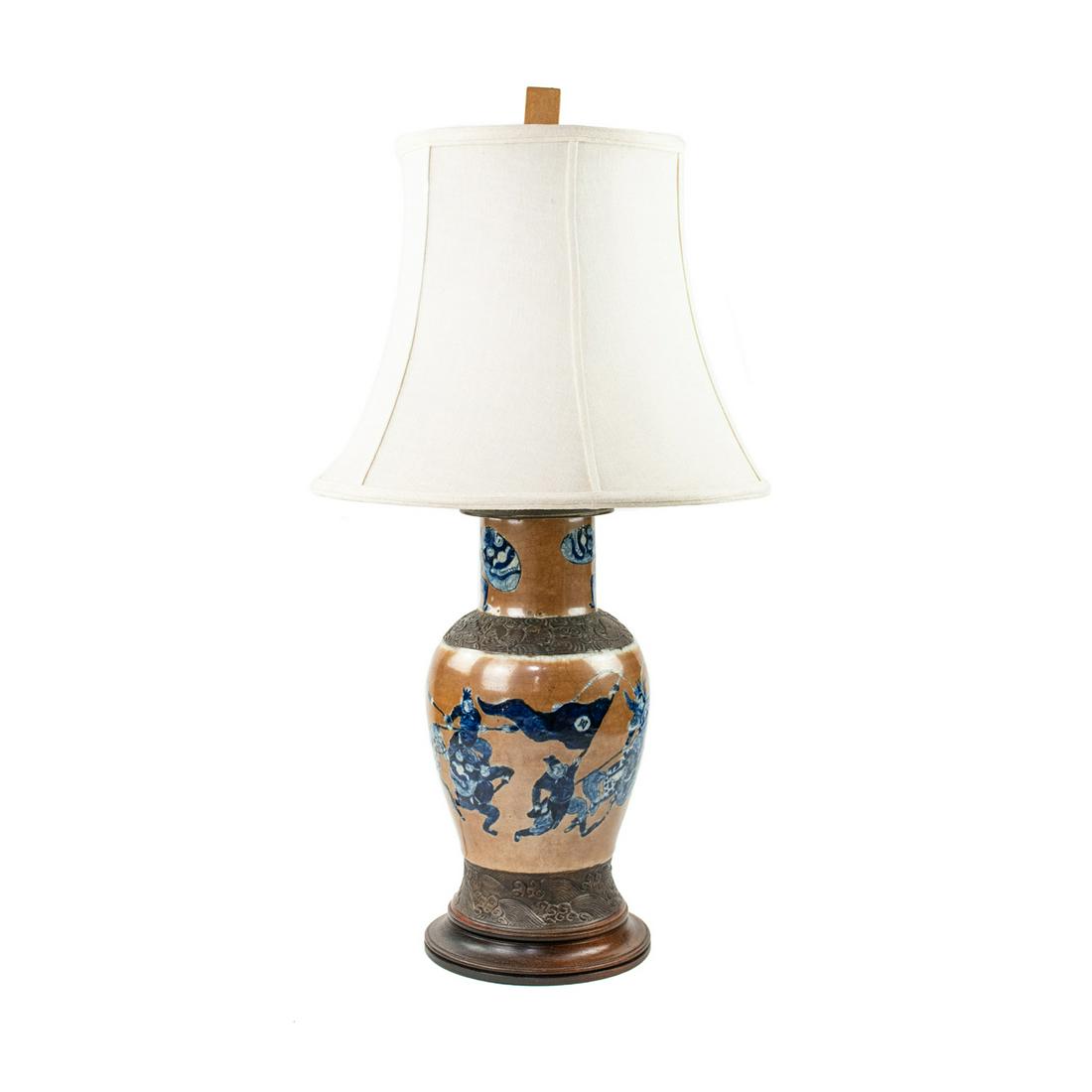 Qing Dyn Chinese Kangxi Rust Glaze Urn Vase Lamp: A Qing Dynasty Kangxi Ge You Xiu Tie rust glazed urn vase converted table lamp having cobalt blue glazed painted warrior scene on body and neck with bands of bronze like scrollwork depicting bats at b