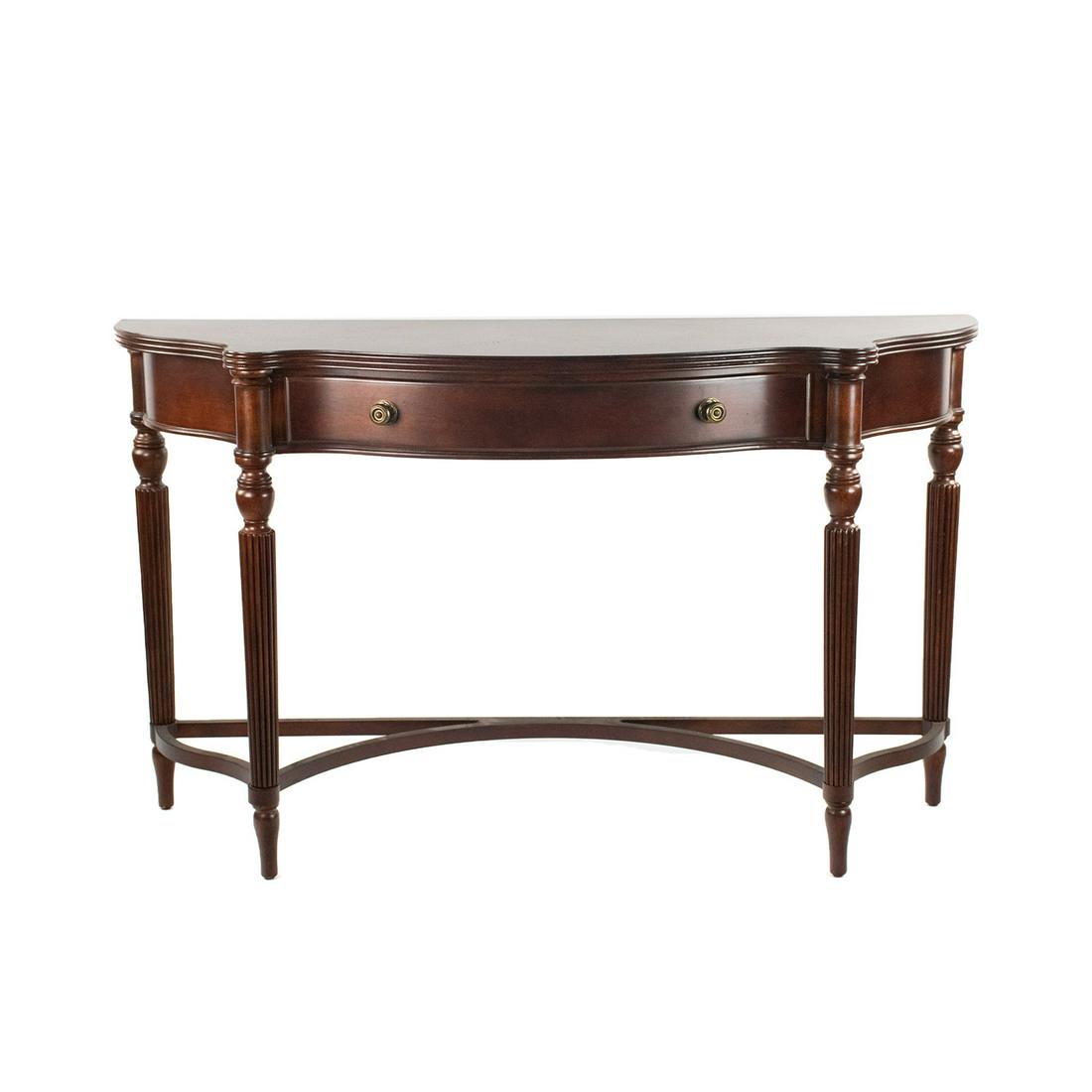 Bassett Federal Style Demilune Console Table: A vintage Federal style wooden demilune console table by Bassett featuring a single drawer, tapered column legs supported by a stretcher, and brass hardware. It is labeled on the interior of the drawe