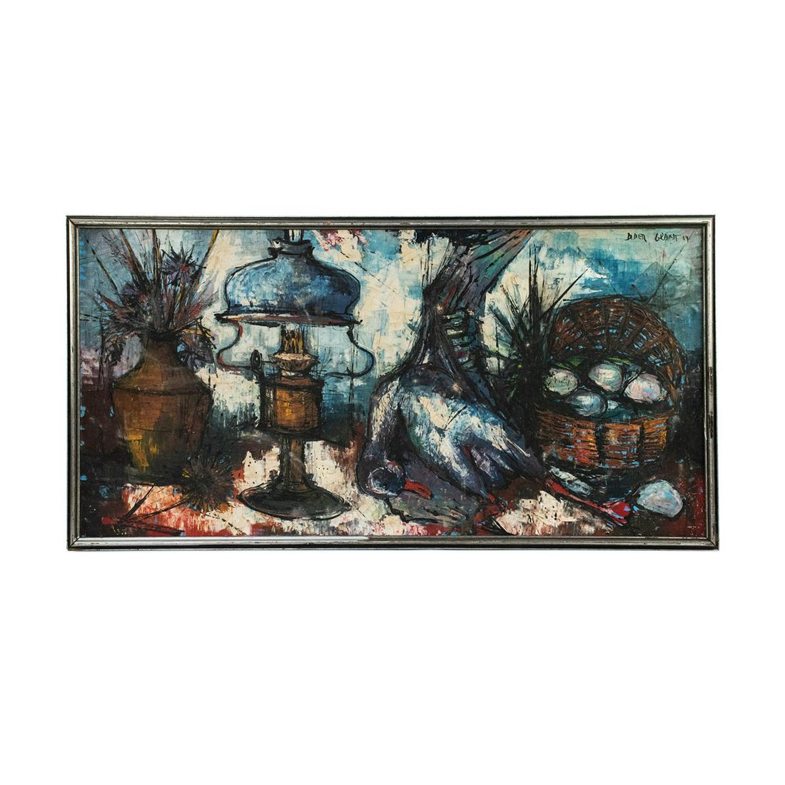 Didier Grandt Signed Oil on Board c. 1964: A vintage oil on board painting by Didier Grandt (French, b. 1934) circa 1964 depicting a still life scene of a flower vase, oil lantern, goose, and basket of eggs atop a table. It is signed and dated