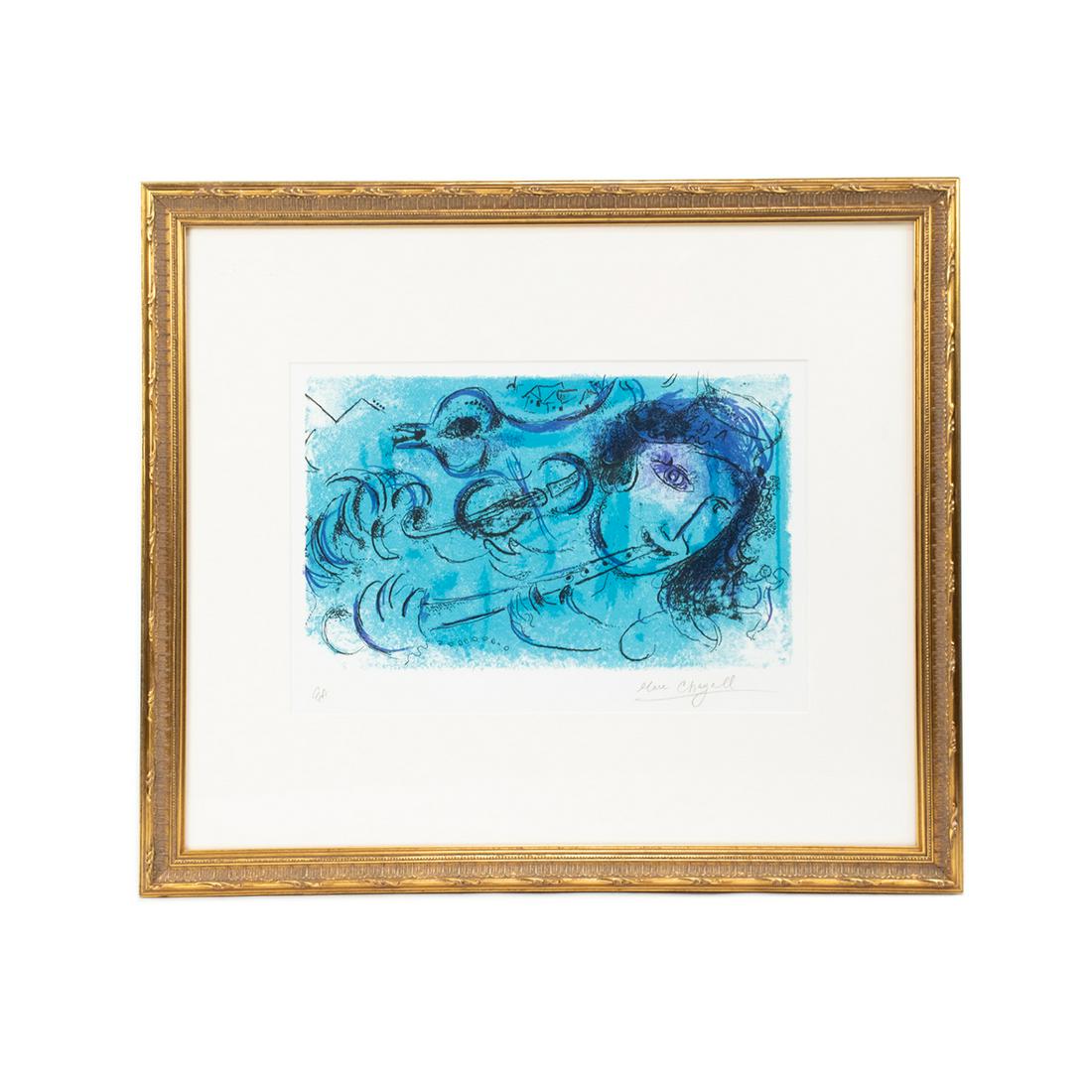 Marc Chagall Signed Artist Proof Lithograph: A vintage artist proof lithograph on paper by Marc Chagall (Russian-French, 1887-1985) circa 1957 titled "The Flute Player" depicting a woman playing the flute accompanied by a violin, dancers, and ot