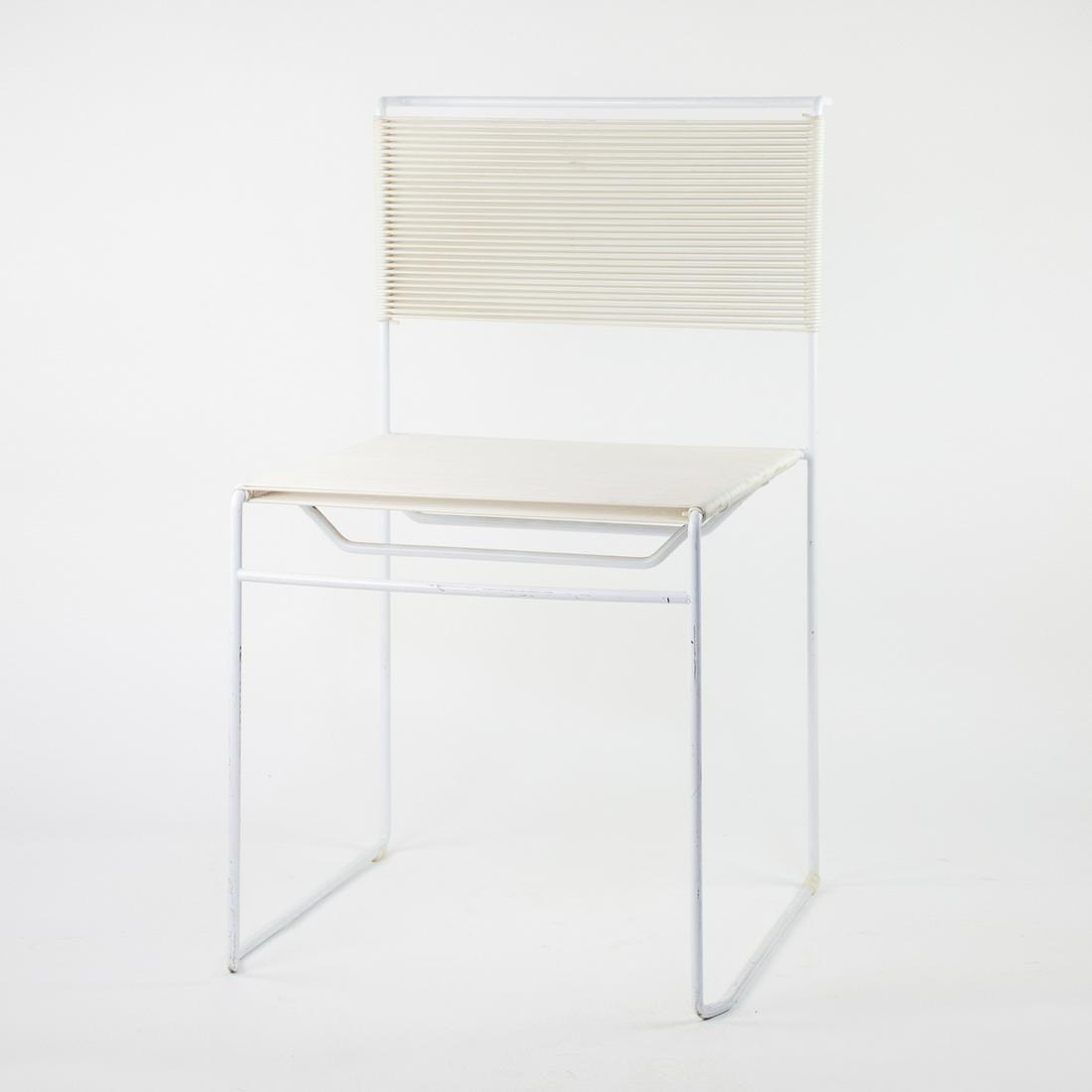 Giandomenico Belotti Italy White Spaghetti Chair: A Giandomenico Belotti white spaghetti chair for Fly Line, Italy having white metal frame, bungee strung seat and backrest. It is unmarked.