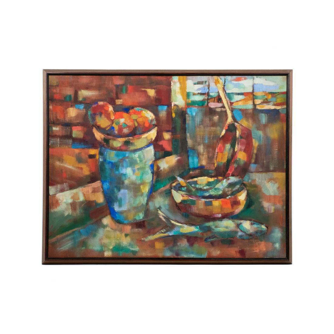Larry Smith "High as Three Apples" Oil on Canvas: A vintage oil on canvas painting by Larry Smith titled "High as Three Apples" depicting an abstract expressionist style still life of fruit, fish, and pans atop a table. It is signed on the lower righ