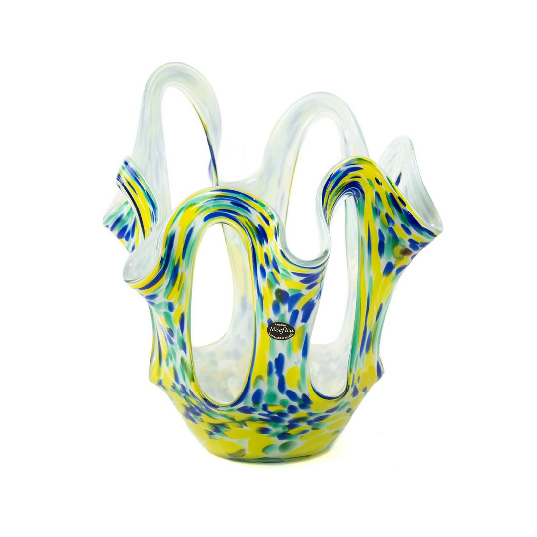 Krosno "Jozefina" Polish Art Glass Vase: A vintage Polish hand-blown art glass vase by Krozno for their "Jozefina" line featuring an abstract stretched openwork form with a spotted blue, green, yellow, and white coloration throughout. It is 