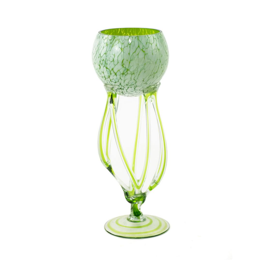Polish Art Glass Jellyfish Vase: A vintage Polish hand-blown art glass jellyfish vase featuring a green and clear coloration with a mottled white cell design to the body. It is labeled "Made in Poland" on the underside.