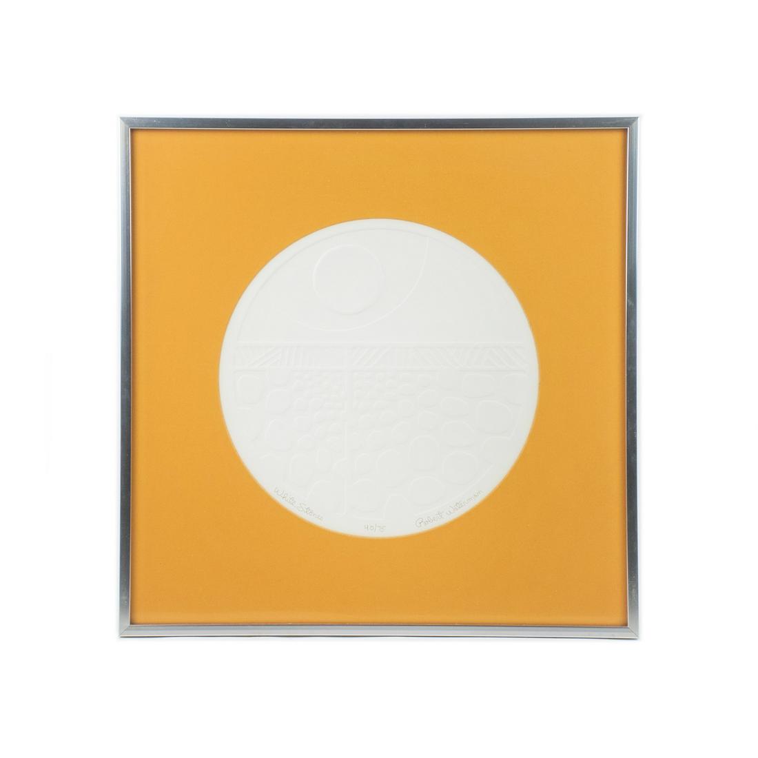 Robert Waterman Signed "White Stones" Intaglio: A vintage limited edition intaglio on paper by Robert Waterman (American) titled "White Stones" featuring a circular opening in the center of the mat revealing an embossed design of stones in various 