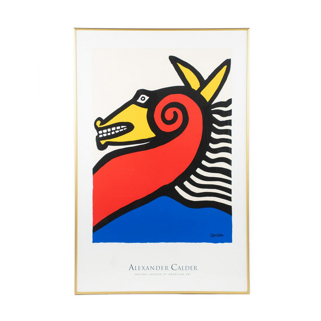 Alexander Calder "Horse" Serigraph Poster: A vintage serigraph poster for the Whitney Museum of Fine Art featuring the artwork of Alexander Calder (American, 1898-1976) titled "Horse" depicting a stylized horse head in primary colors outlined 