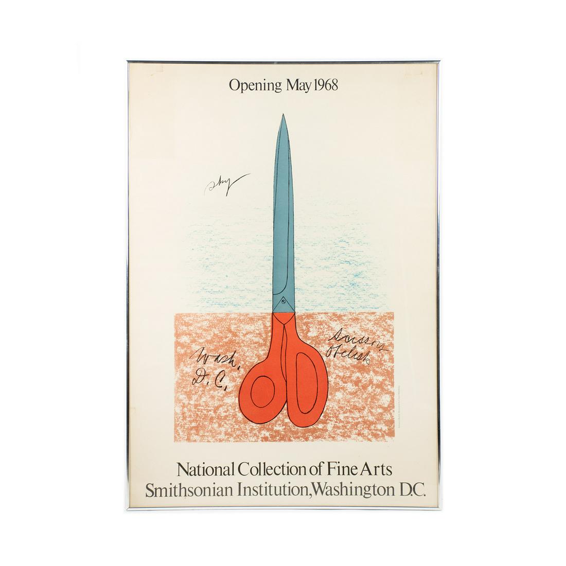 Claes Oldenburg Lithograph Poster for Smithsonian: A vintage lithograph poster for the National Collection of Fine Arts Smithsonian Institution circa 1968 featuring the artwork of Claes Oldenburg (Swedish American, 1929-) titled "Scissors Obelisk Monu