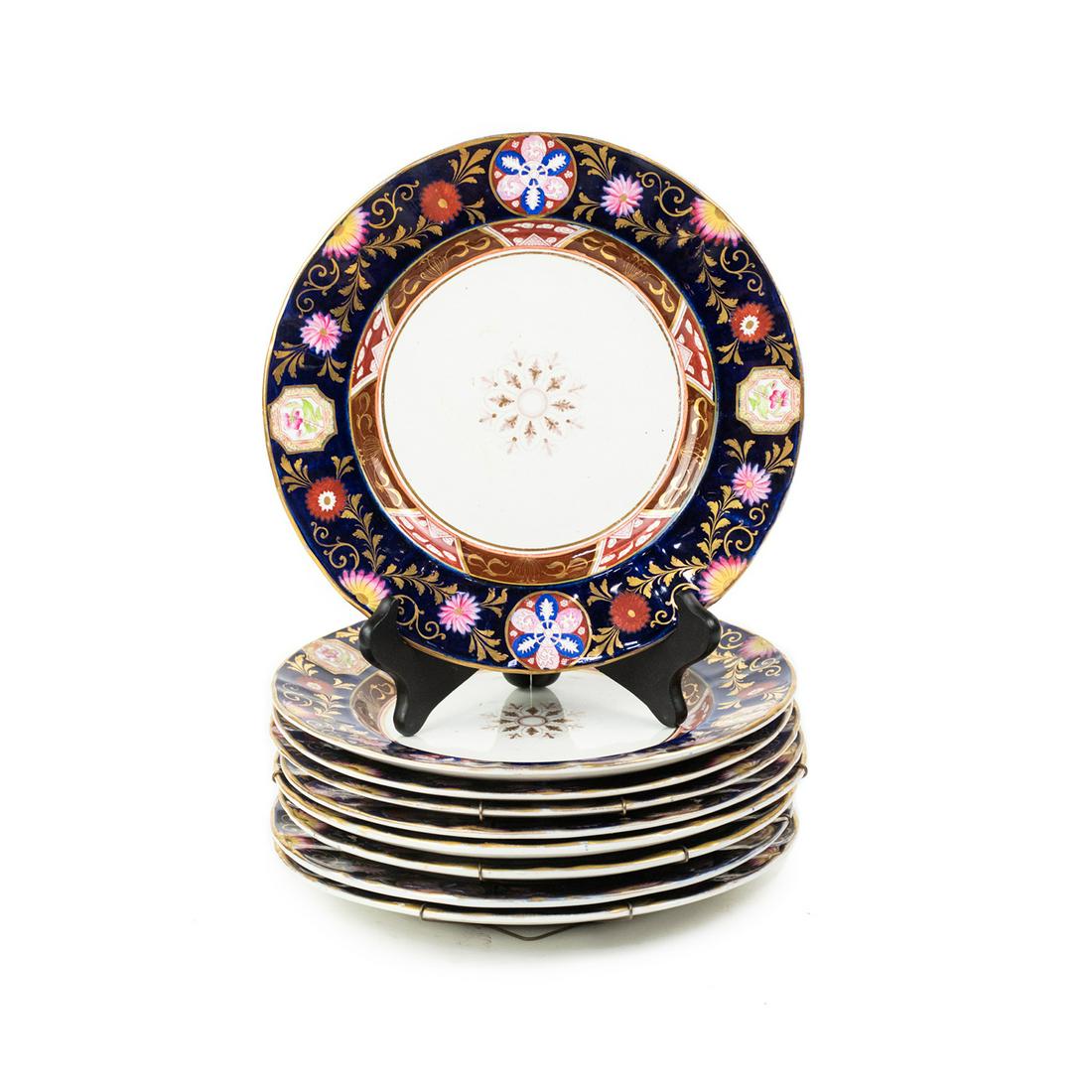 Set of 9 Ashworth Bros Cobalt Blue Floral Dinner Plates: Set of 9 Ashworth Brothers Real Ironstone China Japan pattern floral motif dinner plates having cobalt blue, red and pink floral designs with gold accents. Marked on undersides.
