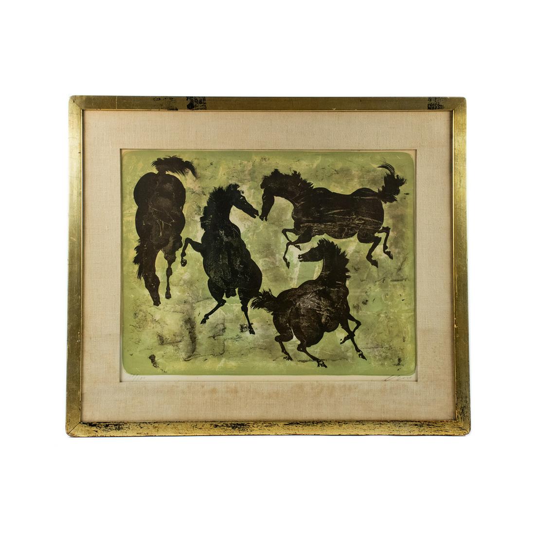 Hans Erni Signed 4 Horses Lithograph on Paper: Hans Erni (Switzerland, 1909-2015) limited edition horse lithograph on paper depicting four black horses over an abstract green background. Signed in the lower right, numbered "20/100" on the lower le